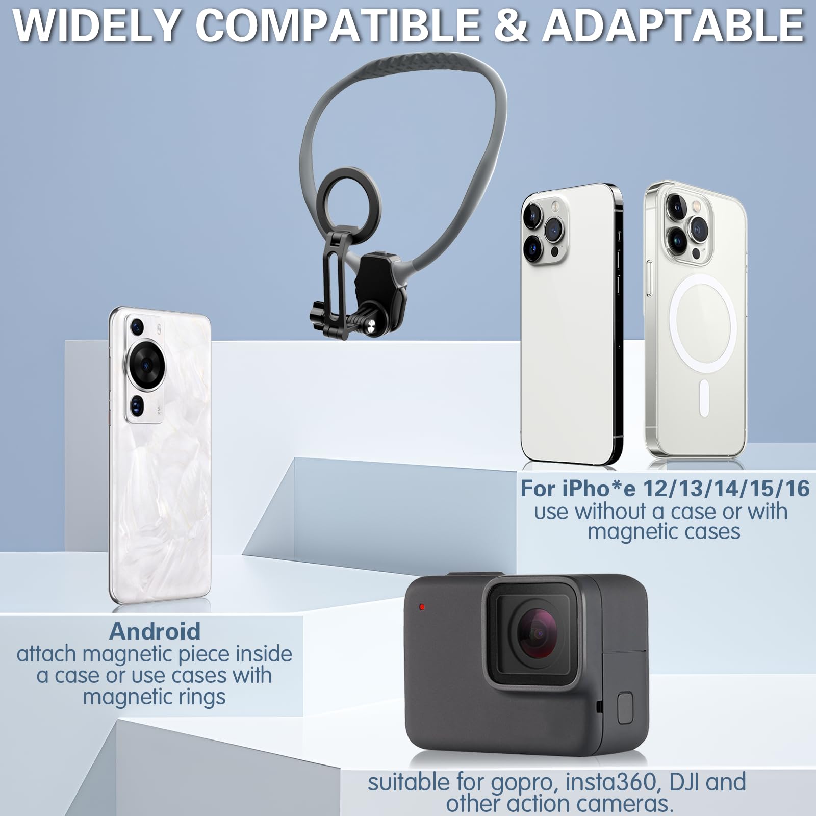 Beviliu Magnetic Neck Phone Holder For Recording, Hands Free Pov/Vlog Neck Mount With Chest Strap, Video Filming For Cooking/Rid