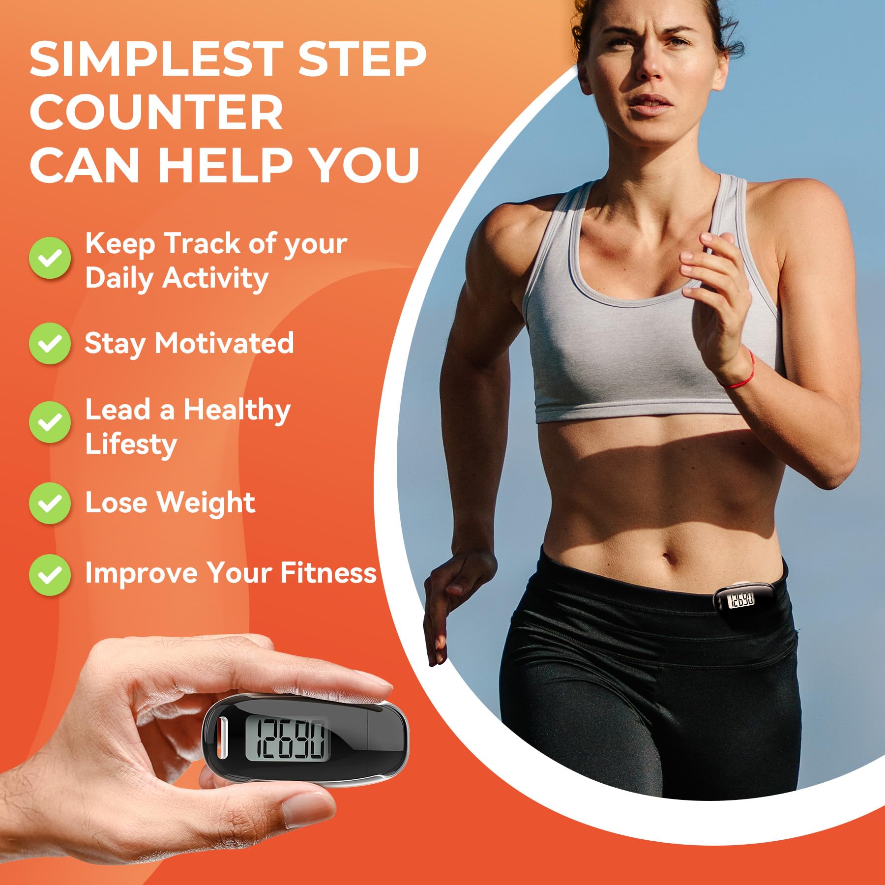 3D Pedometer For Walking, Simple Walking Step Counter With Removable Clip And Strap, Usb Rechargeable Step Tracker With Backligh