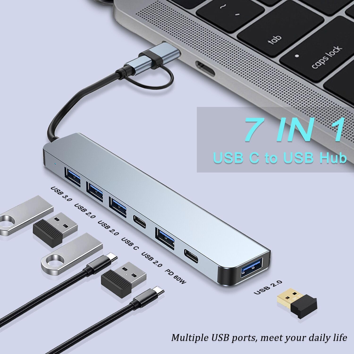 Vienon Aluminum 7 In 1 Usb C Hub With Usb 3.0, Usb 2.0 Ports For Macbook Pro Air And More Devices