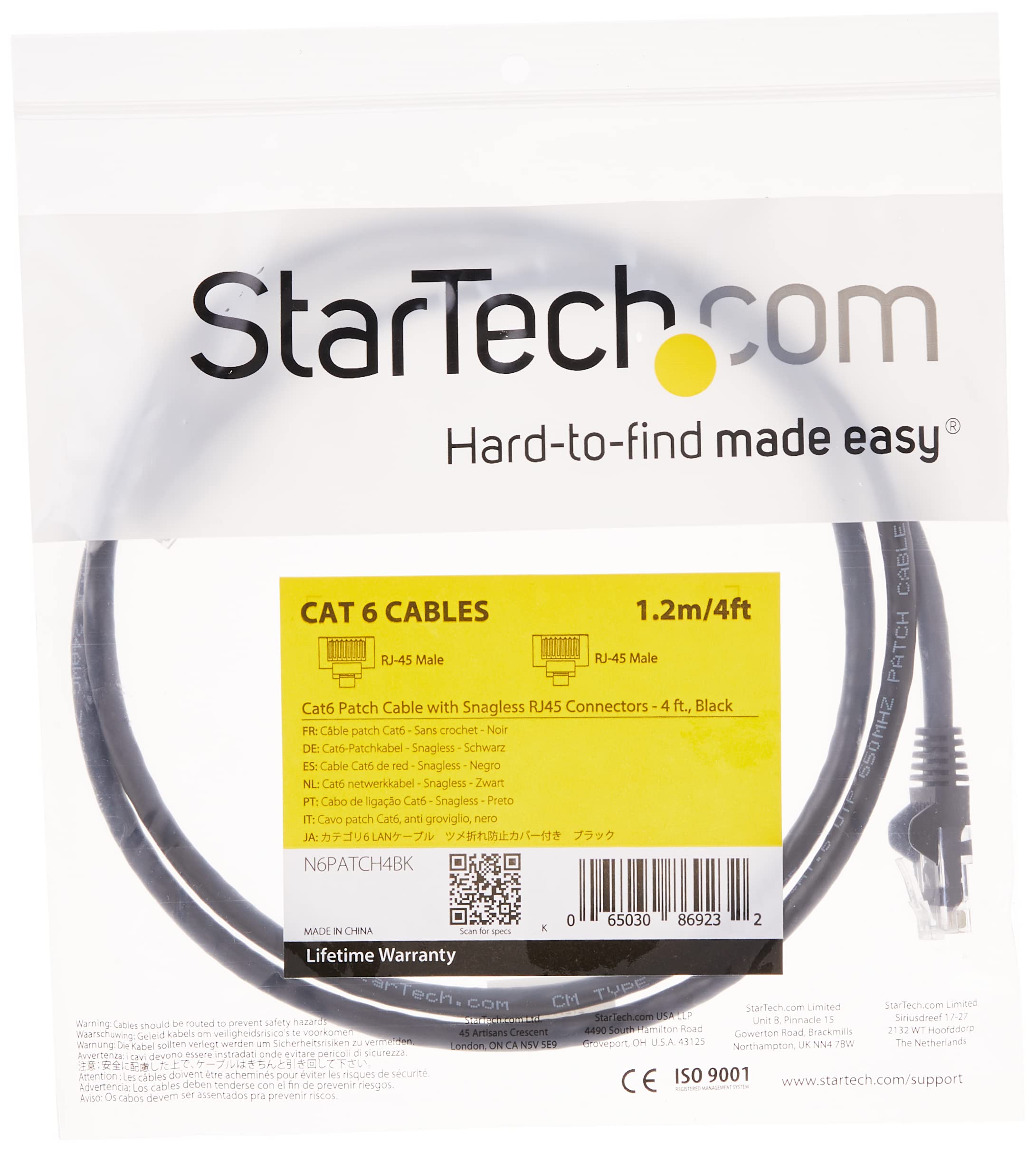 StarTech.com 4ft CAT6 Ethernet Cable   Black CAT 6 Gigabit Ethernet Wire  650MHz 100W PoE RJ45 UTP Network/Patch Cord Snagless w/Strain Relief Fluke Tested/Wiring is UL Certified/TIA (N6PATCH4BK)