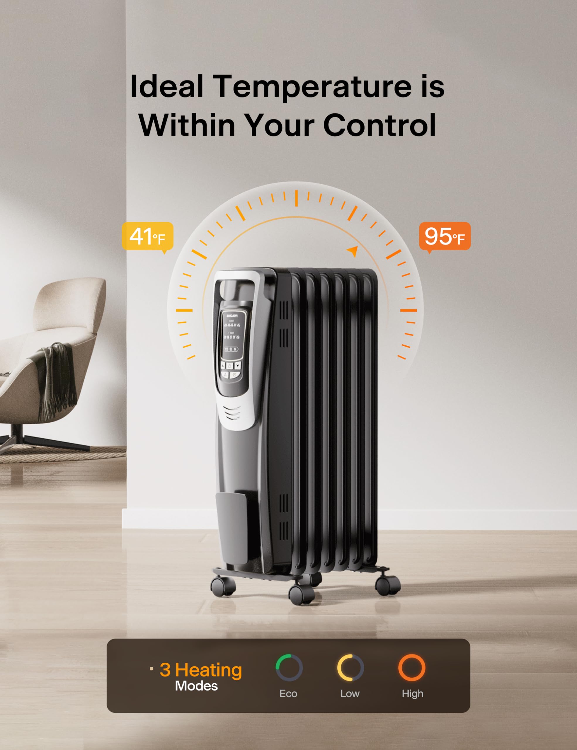 Pelonis Radiator Heater For Indoor Use Large Room With Remote, Thermostat & Led Display, Quiet Oil Filled Heater With 5 Temperat