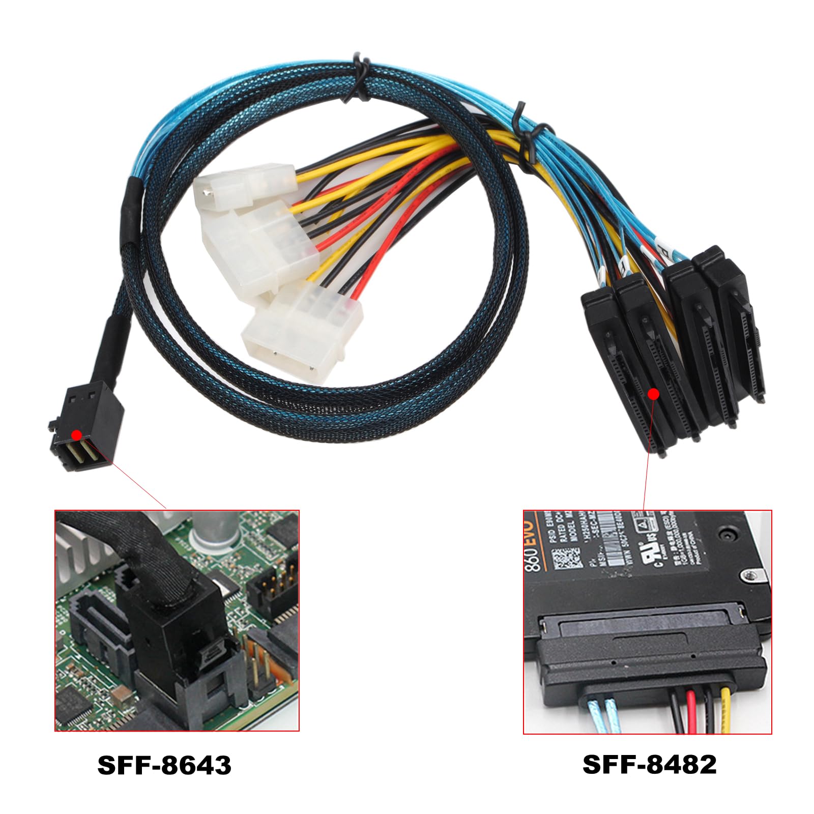 Heretom 2Pcs Sff 8643 Internal Mini Sas Hd To 4X 29Pin Sff 8482 Connectors Power Port 12Gb/S Cable 1M