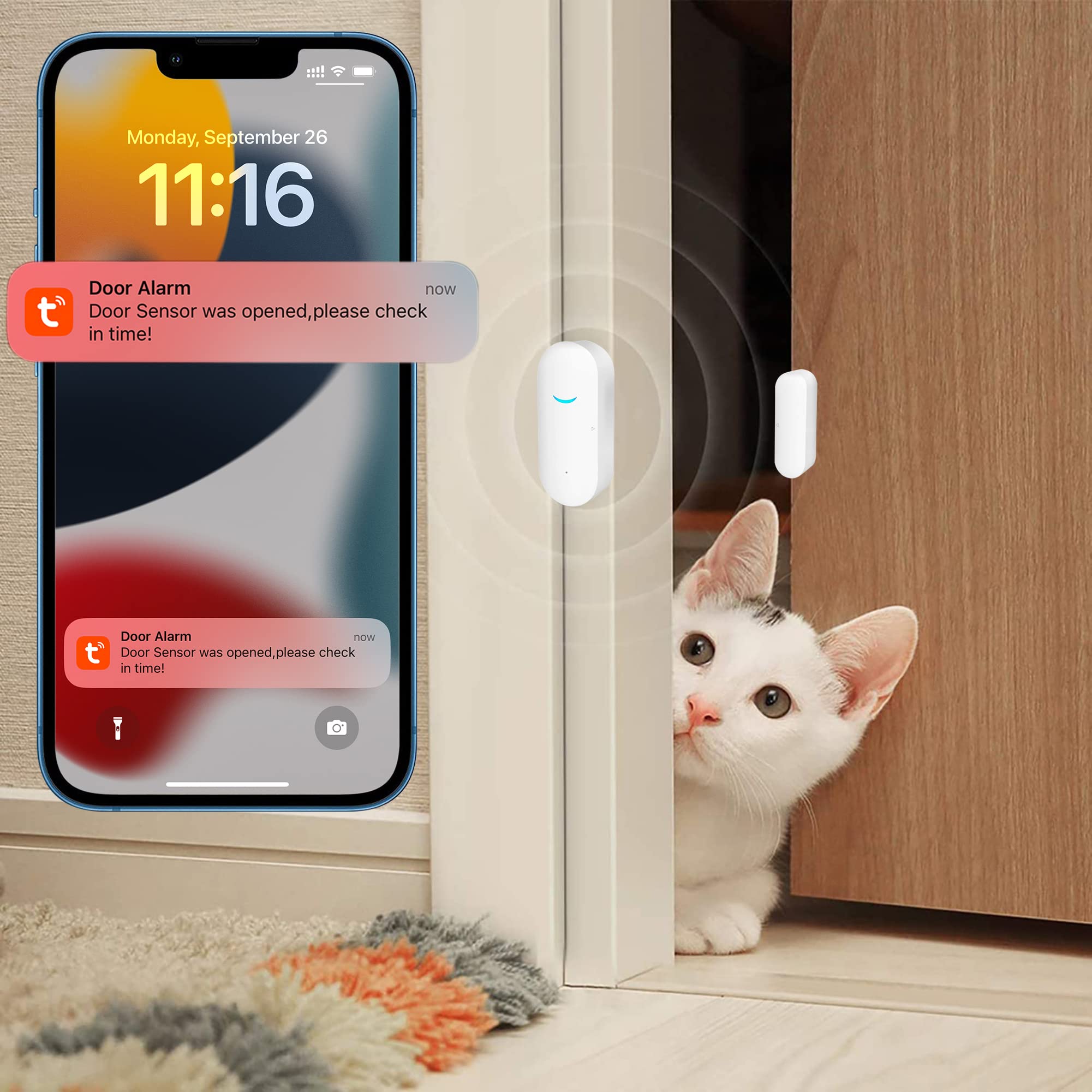 Wifi Door Sensor, Tuya Smart Door Window Sensor,Wireless Window Sensor Real Time Alarm Compatible With Alexa Google Assistant,Ho