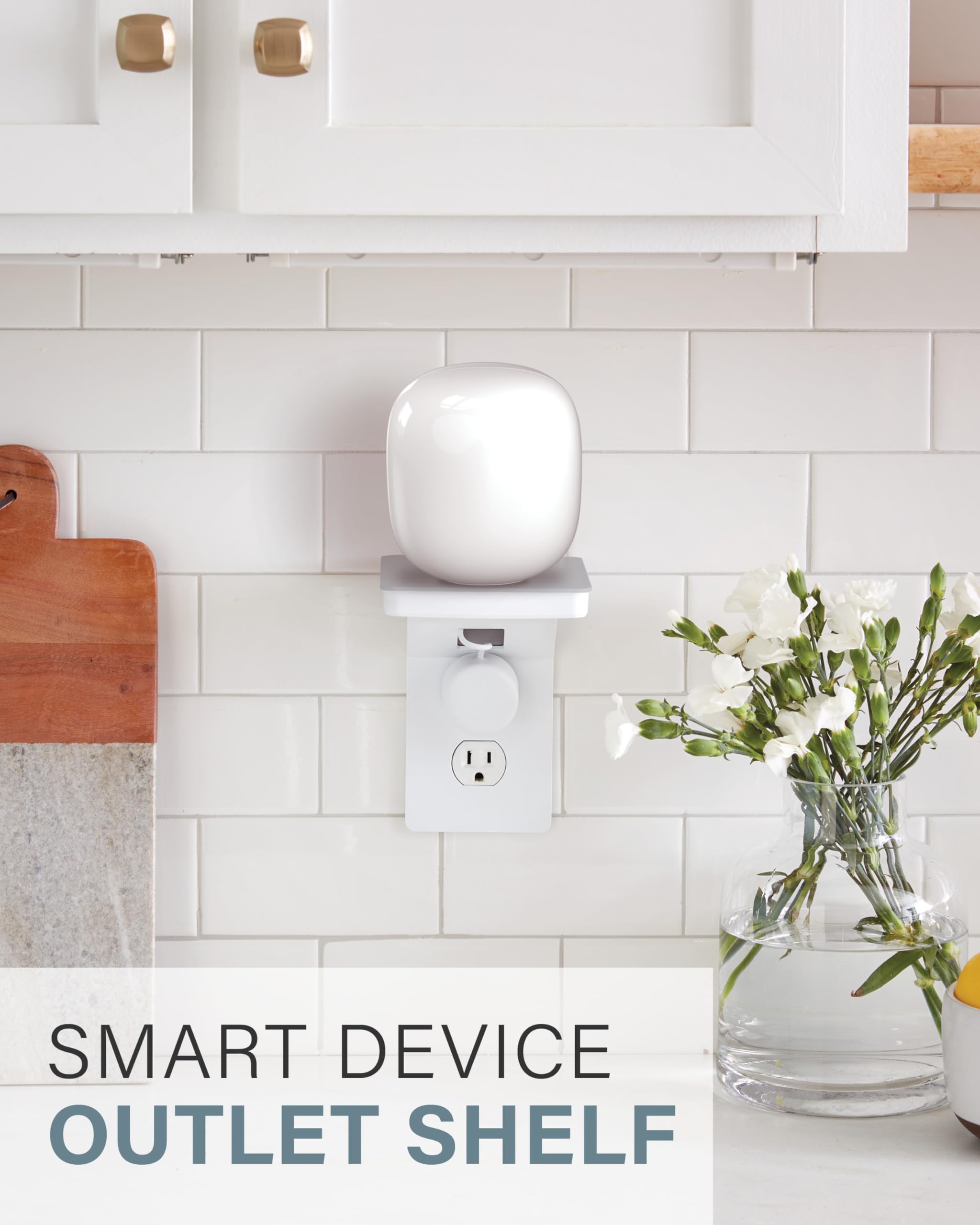 Sanus Made For Google Small Device Outlet Shelf In White & Fog Grey   Holds Small Electronics Up To 8Lbs W/Built In Cord Storage