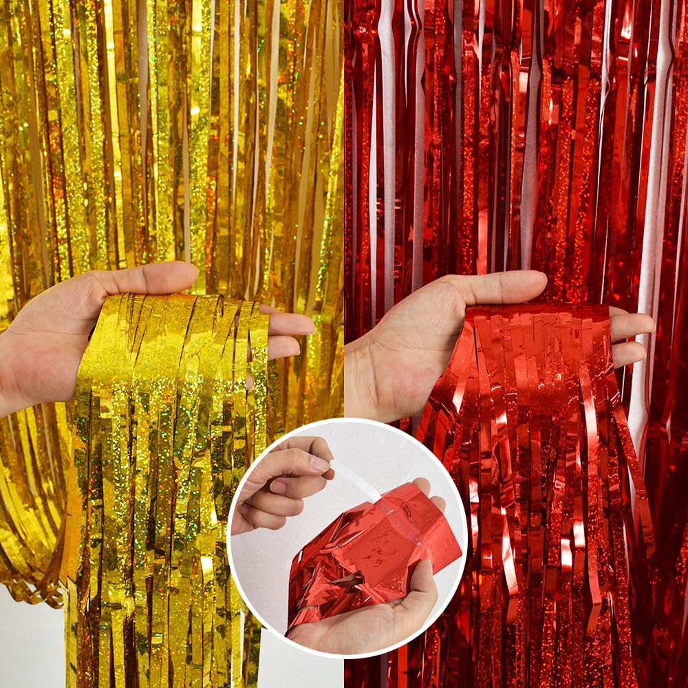 Beishida 4 Pcs Red And Gold Party Streamers Fringe Foil Curtain Backdrop Tinsel Background Party Decoration For Door Wall Gradua