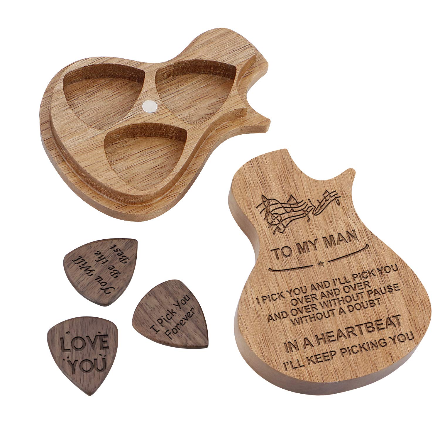 Engraved Wood Guitar Pick Box For Man, Guitar Shaped Guitar Pick Box, Personalized Valentine'S Day Gift For Man Husband Boyfrien