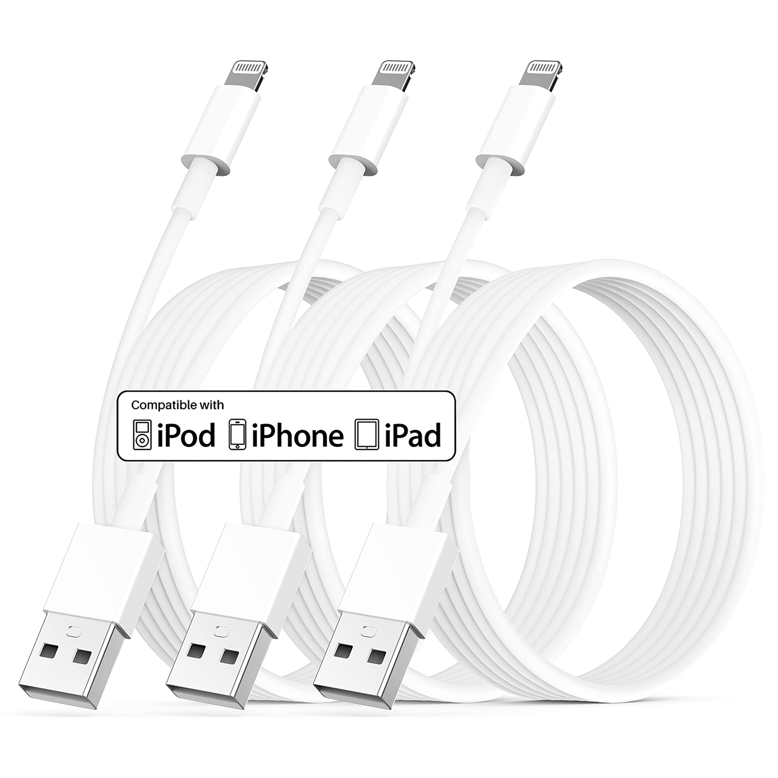 Pgqbs For Iphone Charger Cord 10 Ft 3Pack,For Lightning To Usb Fast Long Charging Cable 10 Foot For Iphone 14/13/12/11Pro Max/11/Xr/Xs/X/8/7/6, For Ipad Pro/Air/Mini White Phone Charge 10 Feet