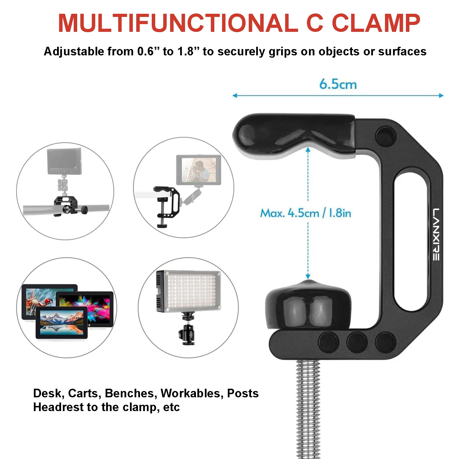 Lanxire Camera Clamp Mount C Clamp With 1/4'' Screw Magic Arm   Double Ball Head Adapter   Perfect For Dslr Cameras, Led Video L