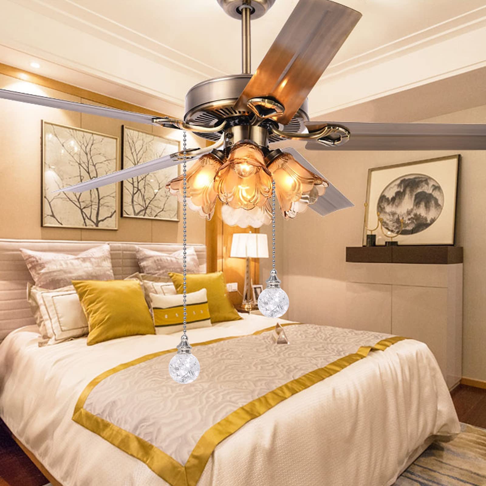 2Pcs White Pull Chain Crystal Glass Ice Cracked Ball Pull Chain For Ceiling Fan Light Decoration 50Cm Extension Chain