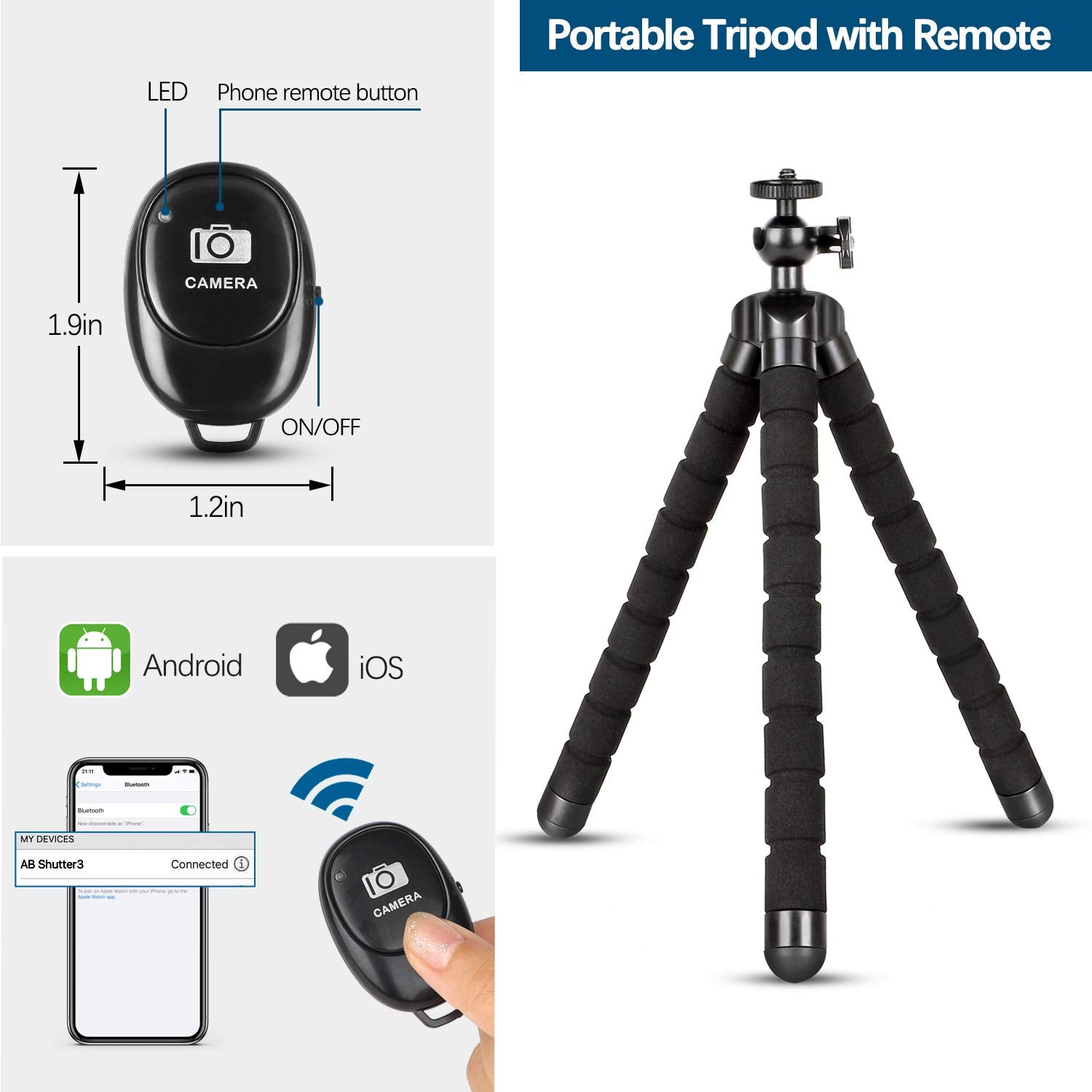 Phone Tripod,Portable And Flexible Adjustable Cell Phone Stand Holder With Remote And Universal Clip For Iphone Android Phone Co