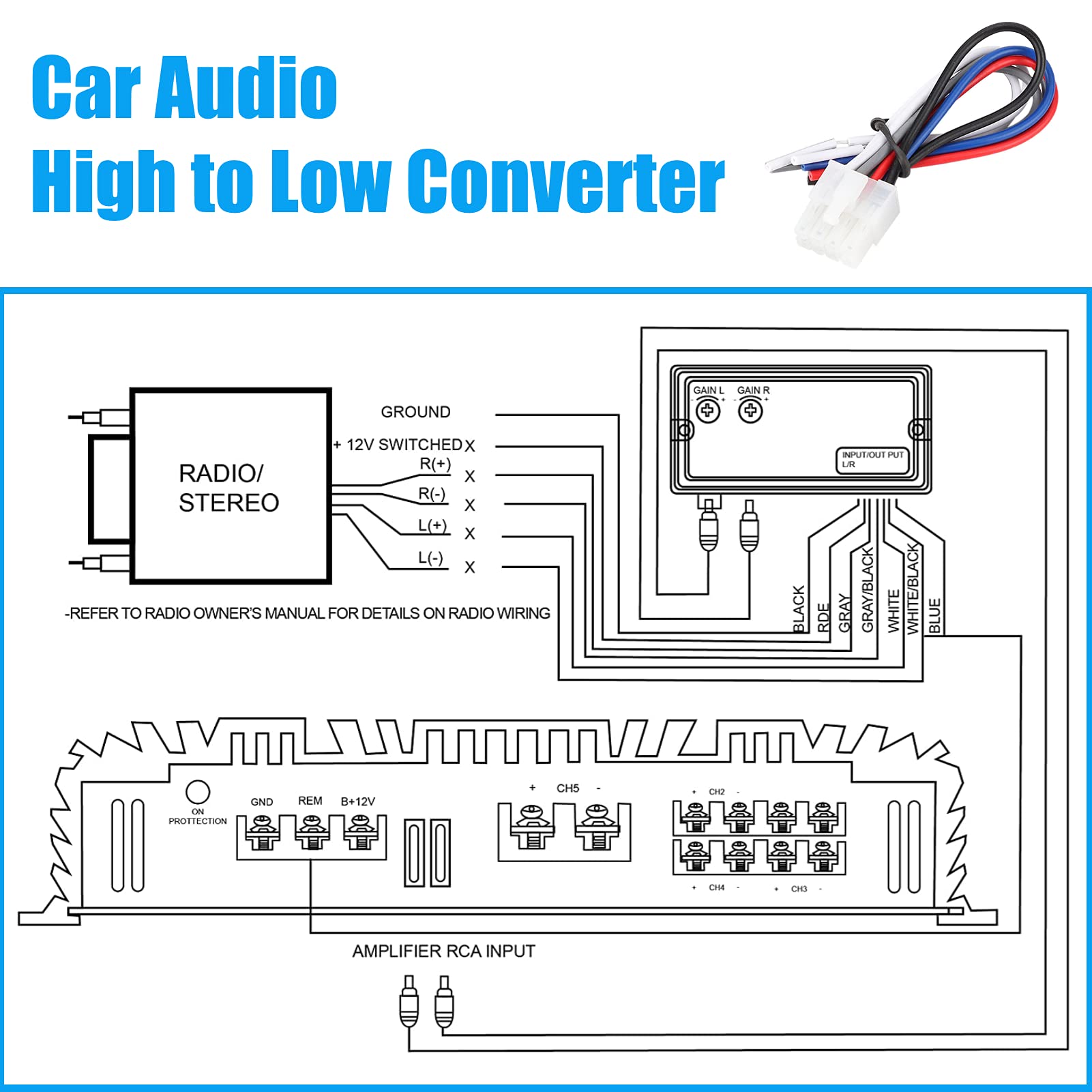Acouto Car Audio Converter Stereo High To Low Frequency Speaker Level Converter Auto Amp Subwoofer Amplifier Cd Player High To L