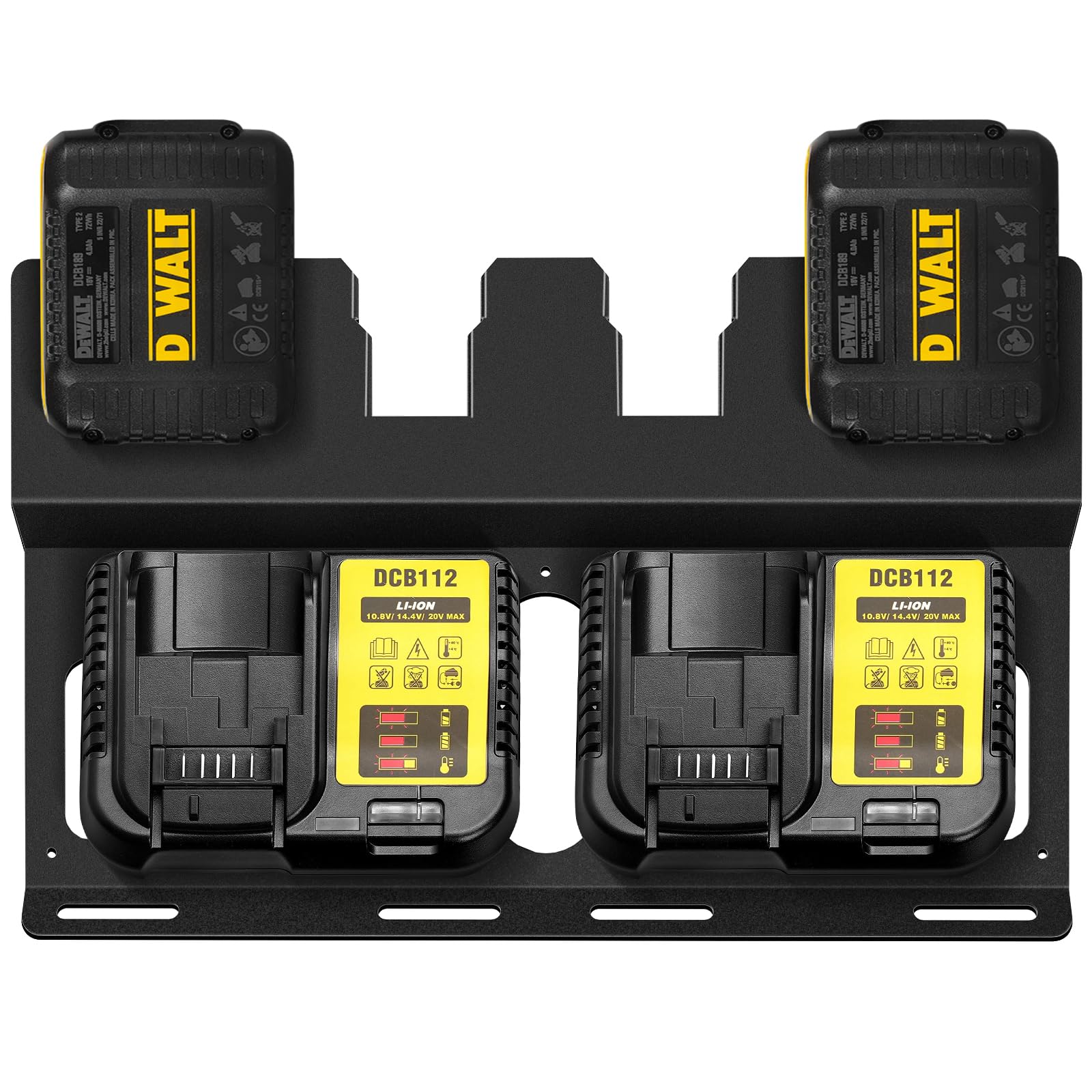Riuog Wall Mount Bracket For Dewalt Battery And Dcb112 Charger, Metal Black Rugged 4 Battery Holder And Charger Holder For Tool