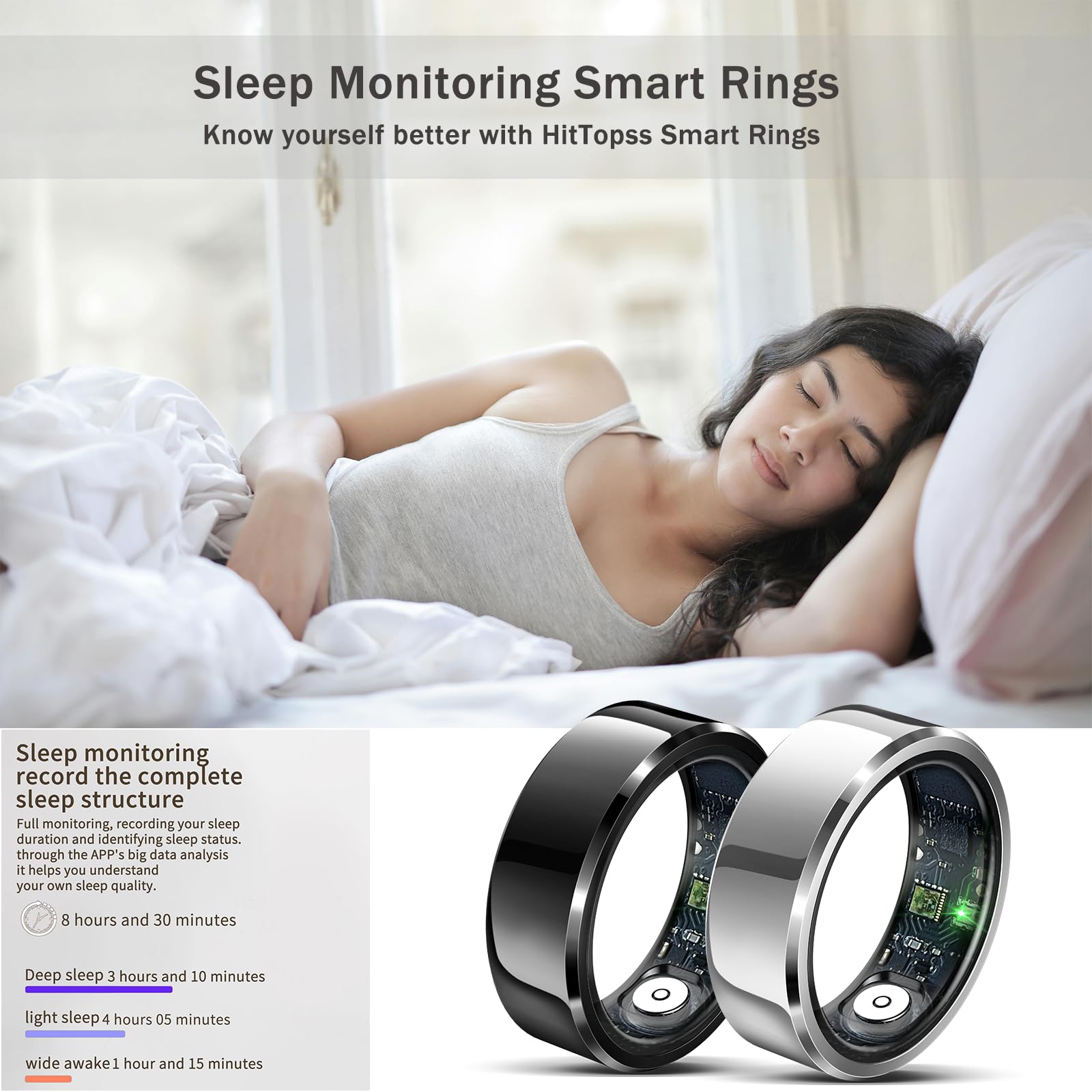 Hittopss Smart Ring, Fitness Sleep Health Tracker Rings For Men Women, No App Subscription, Sleep Tracking, Heart Rate, Blood Ox