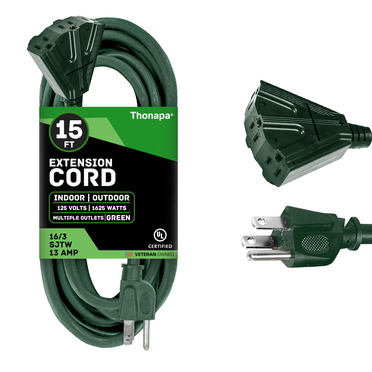 Thonapa Weatherproof Green Extension Cord 15 Ft 3 Outlets, 16/3 Sjtw Outdoor Extension Cord With Multiple Outlets 15 Foot, 13 Am