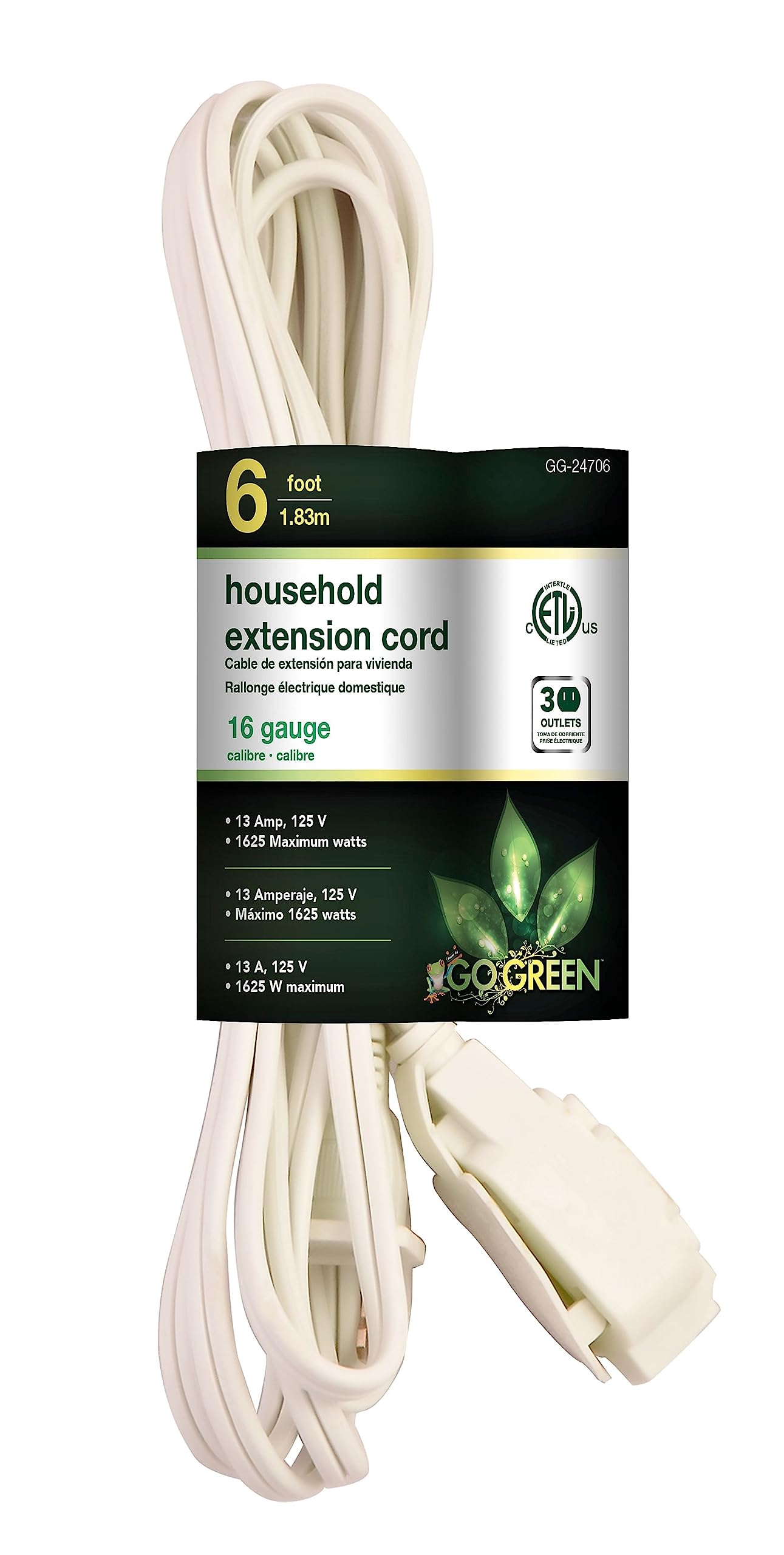 Go Green Power Inc. 16/2 6Ft Household Extension Cord With 3 Outlets, Brown   Discreet, High Quality, Kink Free, Child Safety Covers For Extra Protection   Perfect For Daily Use   Gg 24806