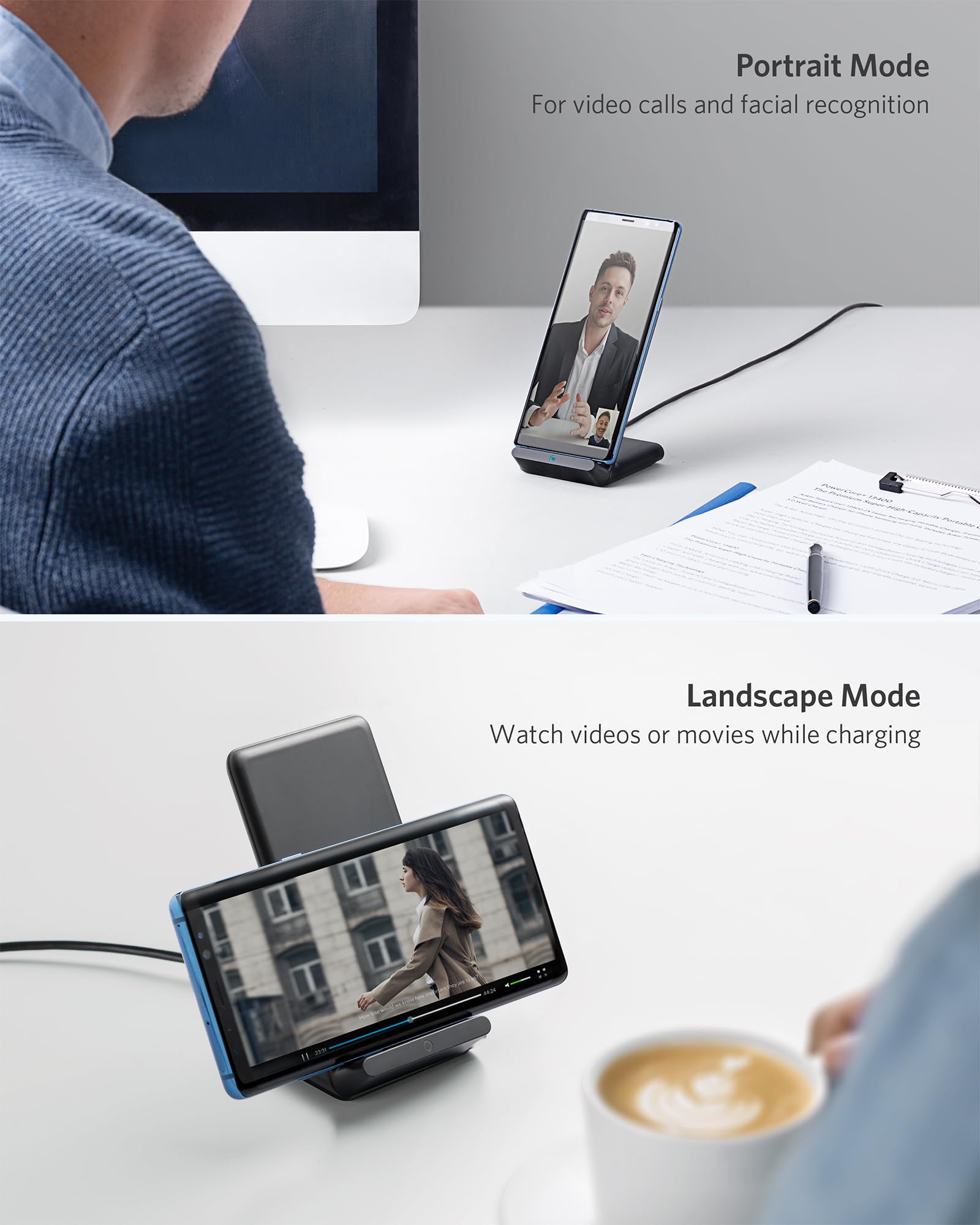 Anker 313 Wireless Charger (Stand), Qi Certified For Iphone 15/15 Pro/15 Pro Max/14/14 Pro Max, 10W Fast Charging Galaxy S20, S1