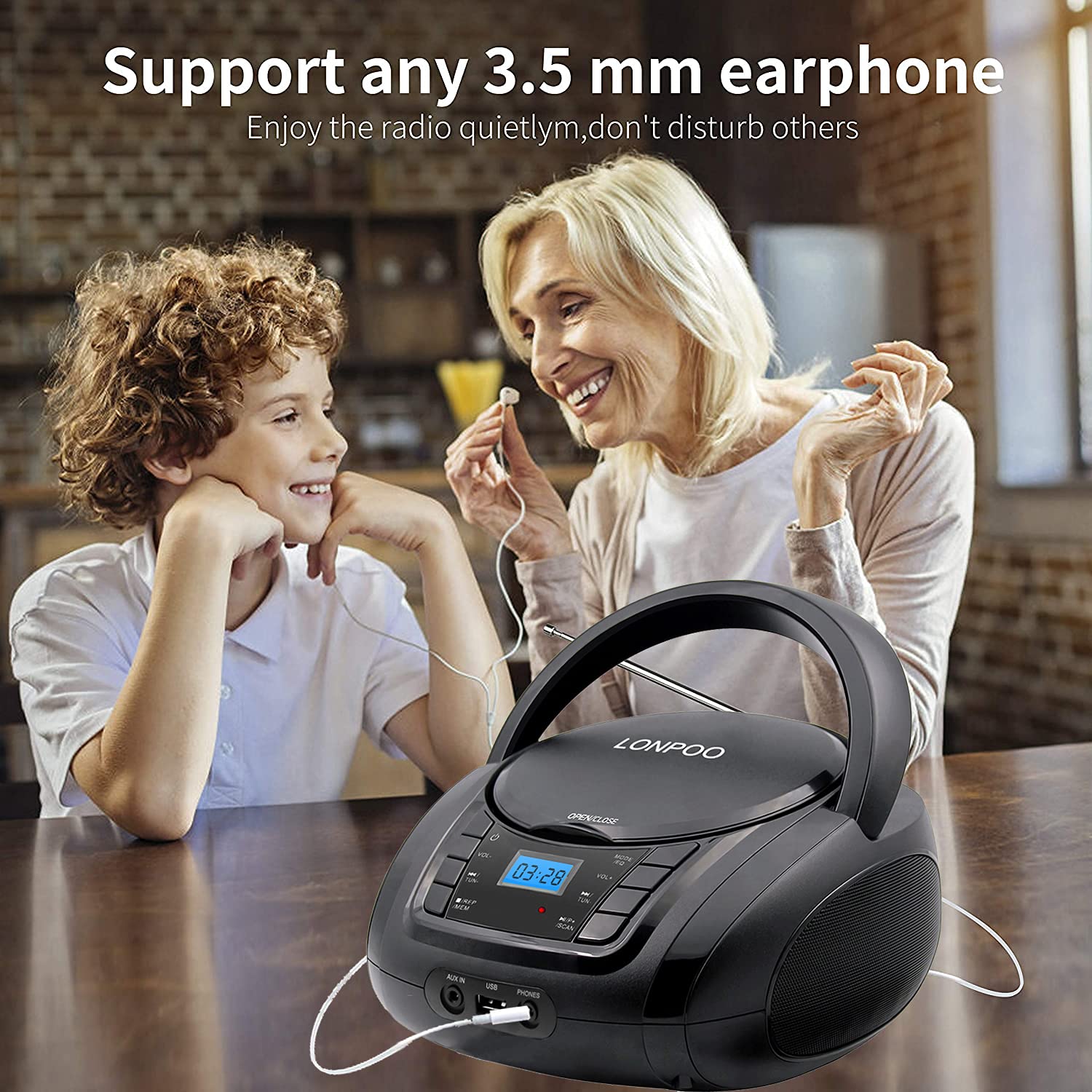 Lonpoo Cd Player Portable Boombox With Fm Radio/Usb/Bluetooth/Aux Input And Earphone Jack Output, Stereo Sound Speaker & Audio P