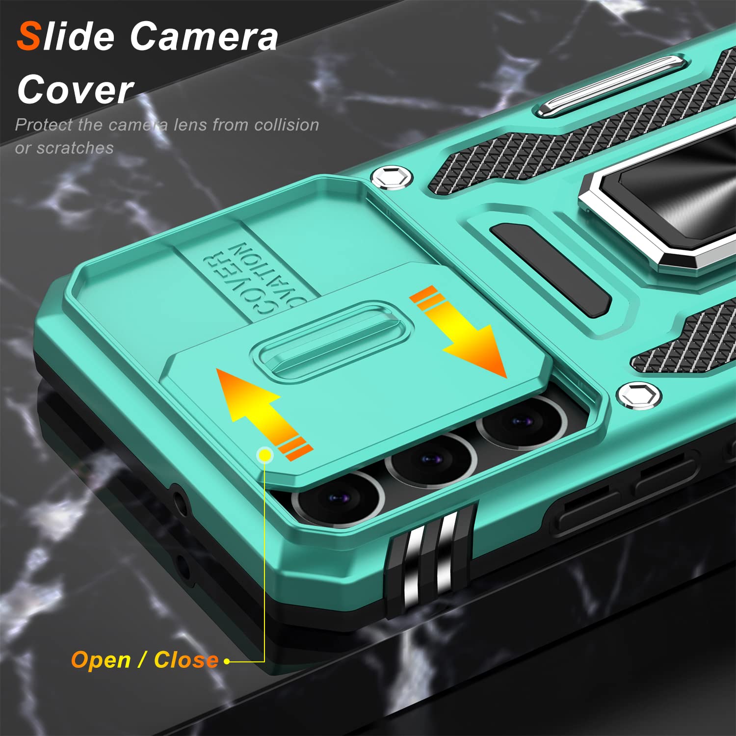 LUMARKE Phone Case for Samsung Galaxy S22 Plus with Camera Cover Kickstand Military Grade Plastic Turquoise