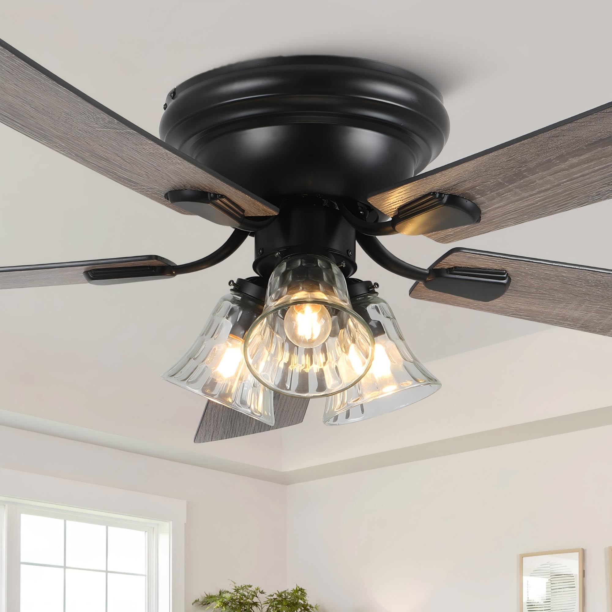 CNCMtiger 52 Inch Vintage Ceiling Fan with Lights Flush Mount Chandelier Ceiling Fan Indoor Farmhouse Rustic Chandelier Low Prof