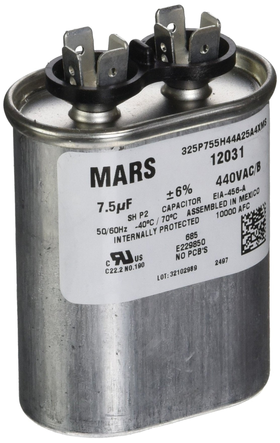 Mars   Motors & Armatures 12031 7.5 Micro Farad Single Section Run Capacitor, Oval