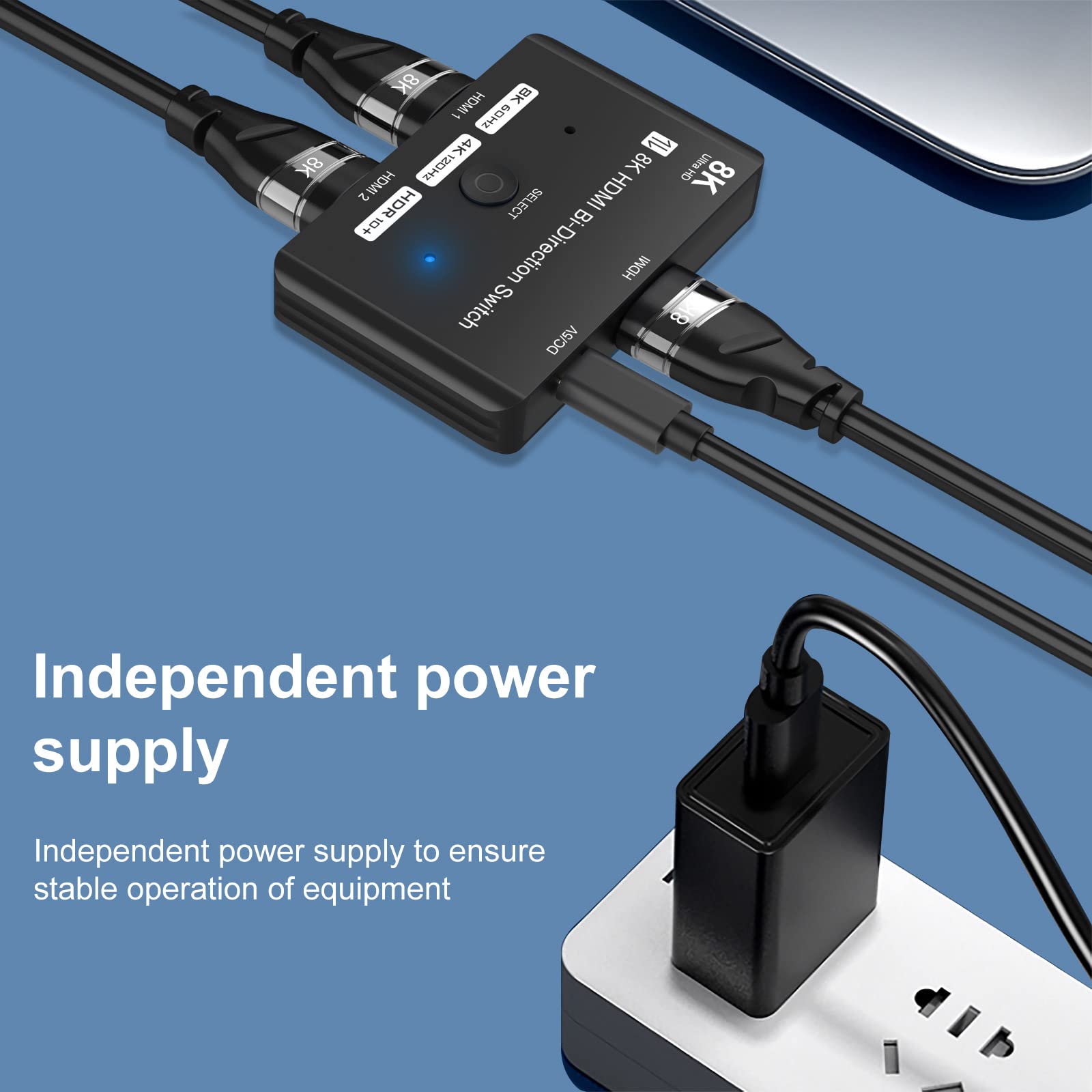 Hdmi 2.1 Bi Directional Switch Ultra Hd 8K Hdmi Switcher 2 In 1 Out/ 1 In 2 Out Hdmi Switch Supports 8K@60Hz/ 4K@120Hz 48Gbps Co