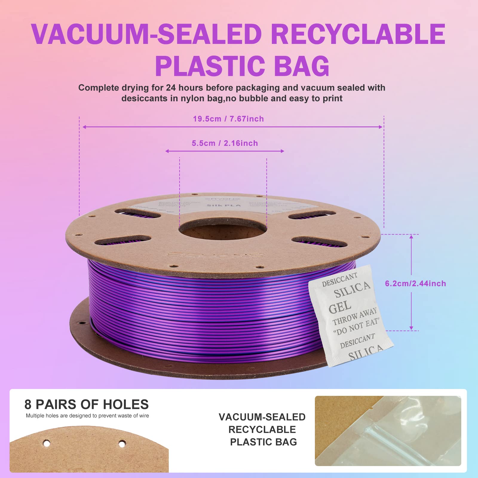 Eryone Silk Tri Color Coextrusion Pla Filament,3D Printer 1.75Mm,+/ 0.03Mm, Triple Color Filament 1Kg(2.2Lbs), Silk Blue Purple