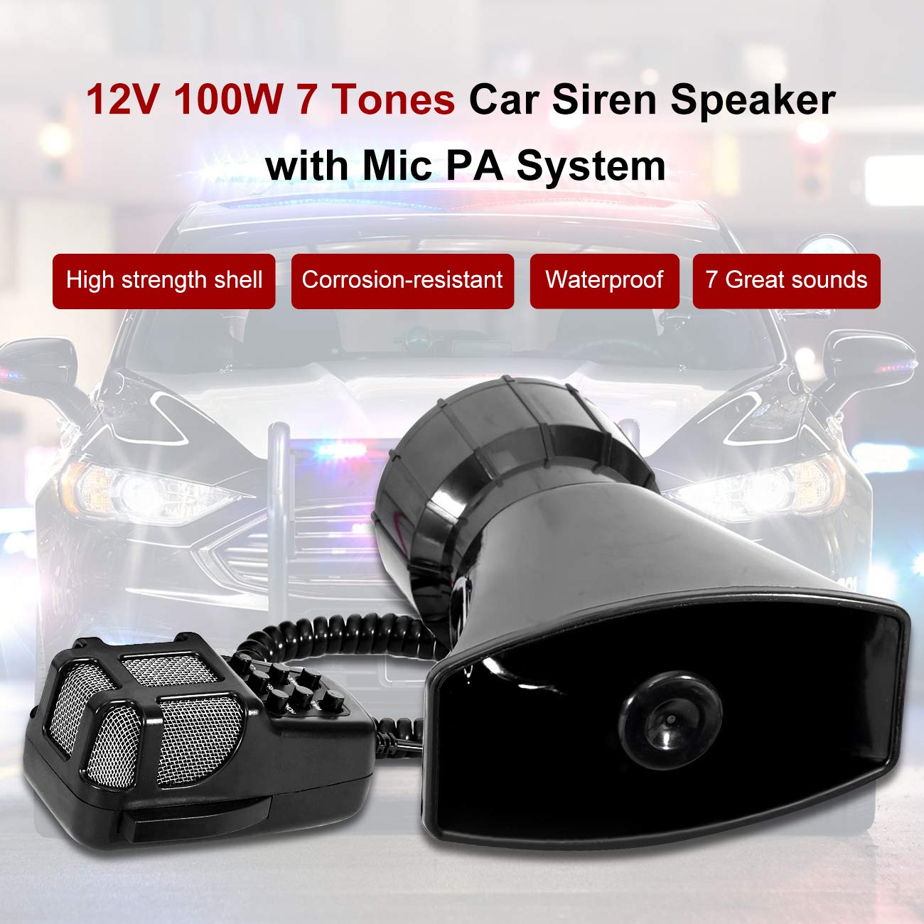 Partol Car Pa System Truck Siren Horn 7 Tone Sound With Mic Pa Speaker Vehicle Siren Megaphone Speaker 100W 12V Emergency Sound Amplifier With Microphone Police Fire Ambulance Hooter Traffic Sound
