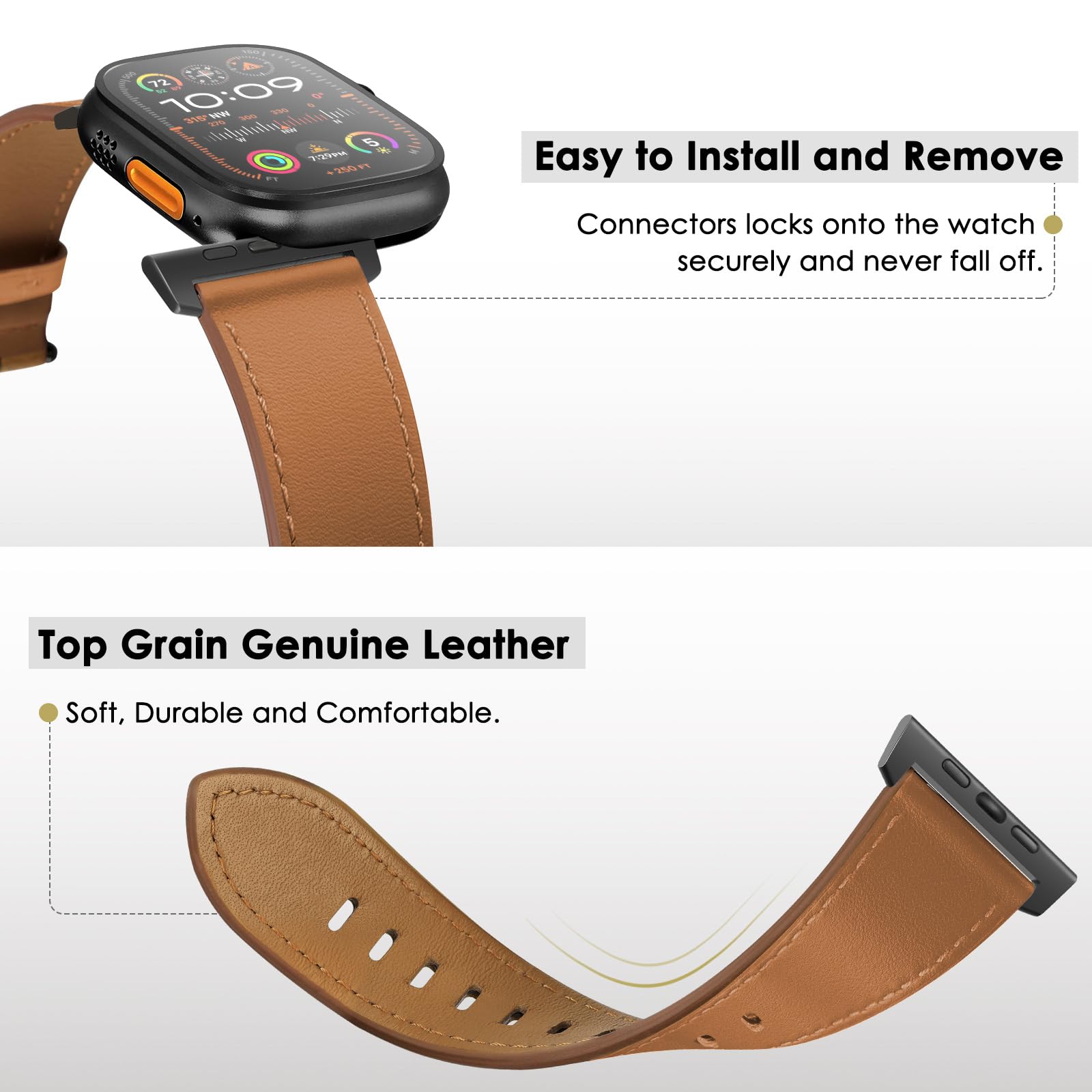 Uupwpokt Compatible With Apple Watch Ultra 2 / Ultra Band 49Mm 46Mm 45Mm 44Mm 42Mm Men, Genuine Leather Band Strap For Iwatch Ul