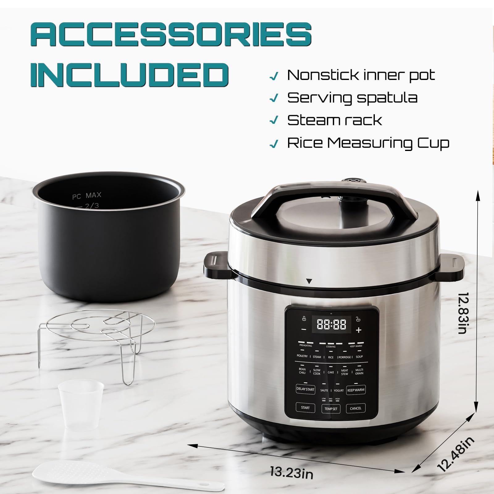 Olixis Electric Pressure Cooker 6 Quart Stainless Steel Multi Cooker Electric For Pressure 12-In-1 Rice, Steamer, Yogurt Maker,