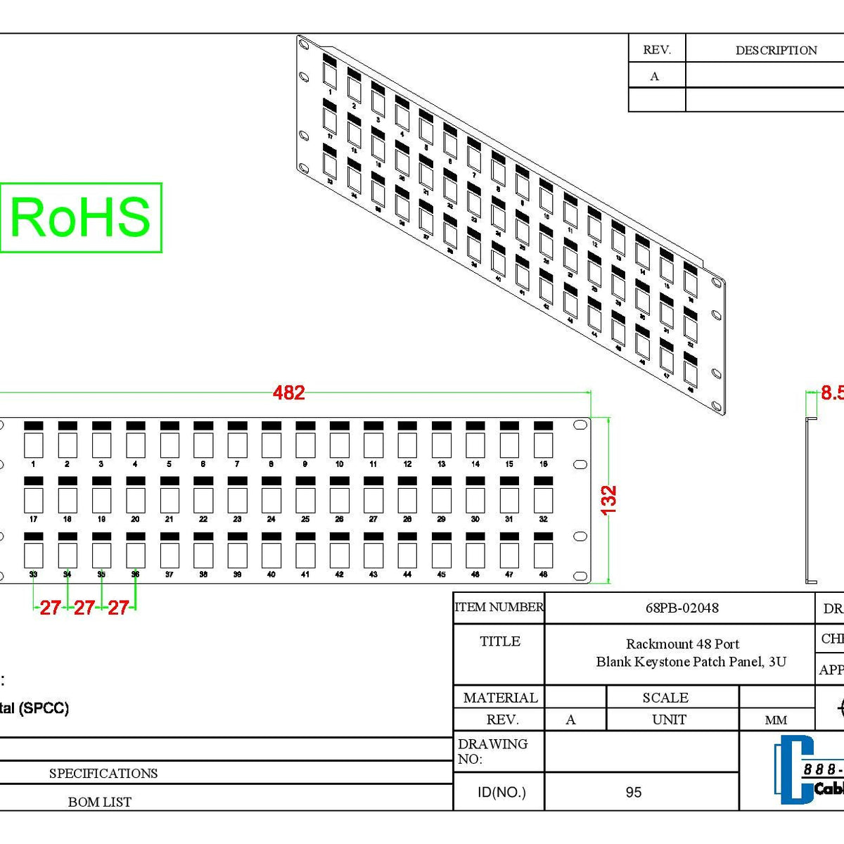 3U Rackmount Keystone Rack Panel, 48 Port Blank Keystone Patch Panel,1 ...