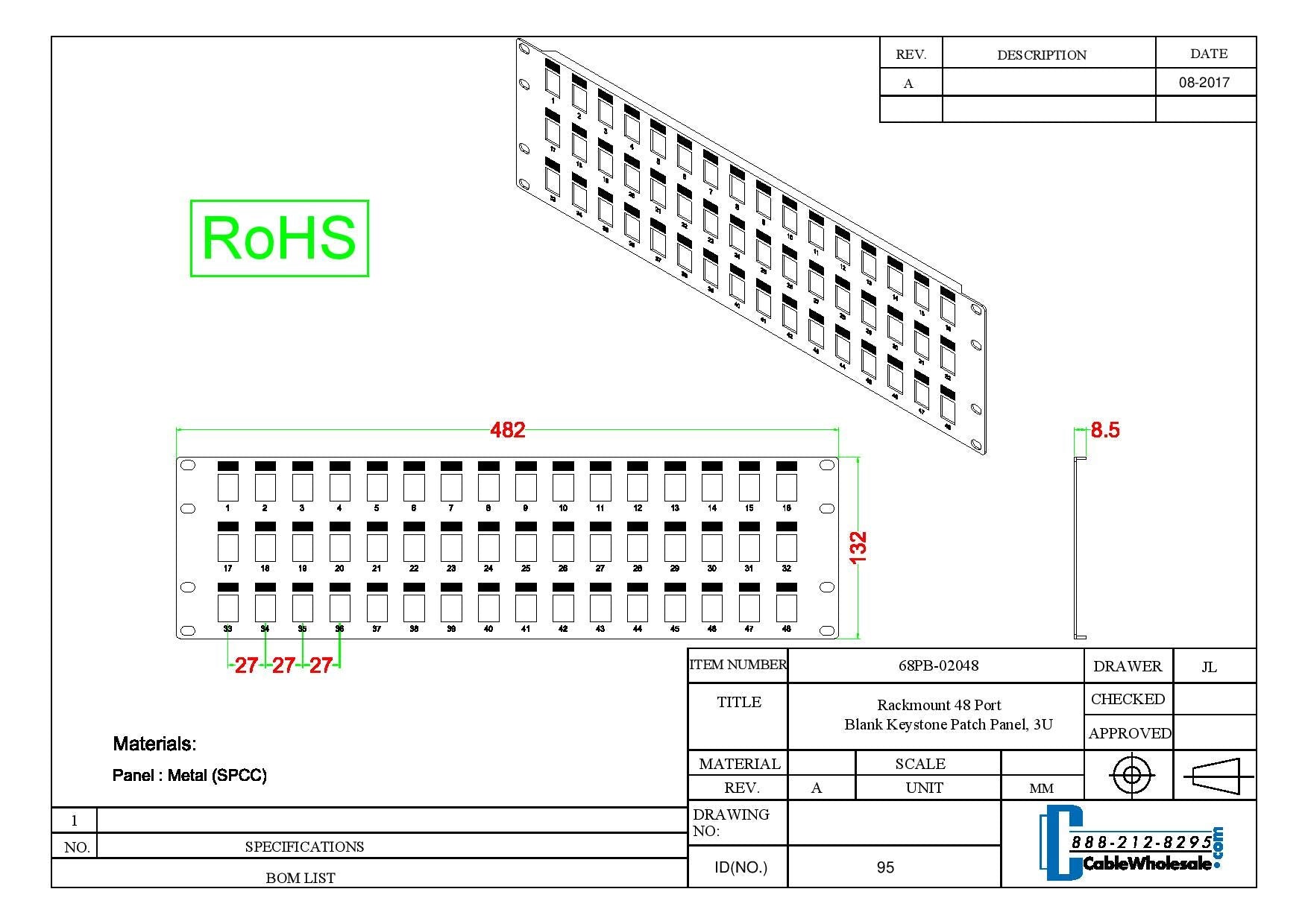 3U Rackmount Keystone Rack Panel, 48 Port Blank Keystone Patch Panel,19 Inch, 3 Unit, Cablewholesale