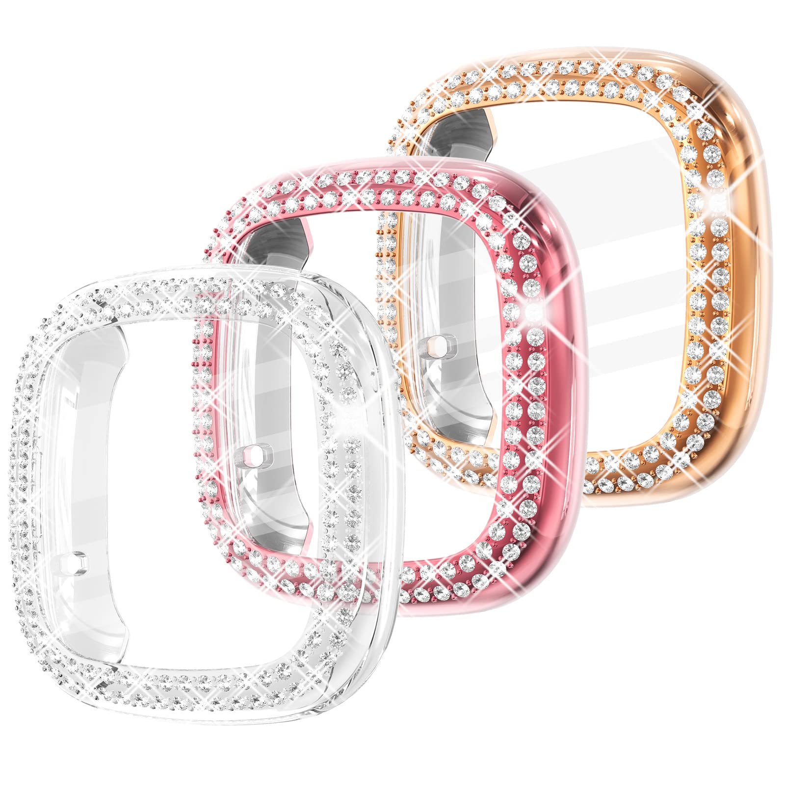 Fullife 3-Pack TPU Bumper for Fitbit Versa 3 Screen Protector, Crystal Diamond Bling Case HD Full Protective Cover for Men Women