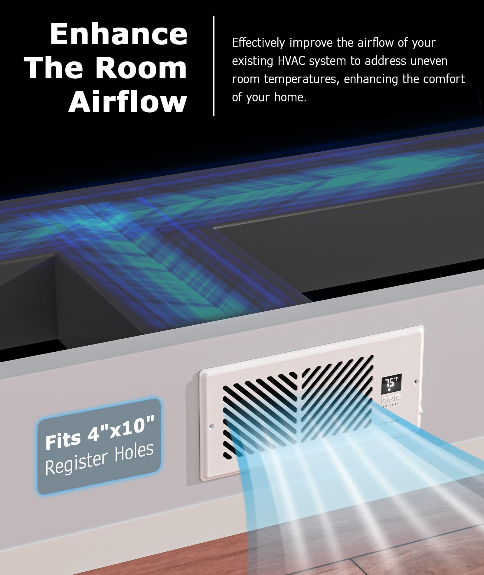 Atom Nexus Quiet Register Booster Fan Fits 4   X10    Register Holes, Smart Vent Booster Fan With Thermostat & Remote Control, 1