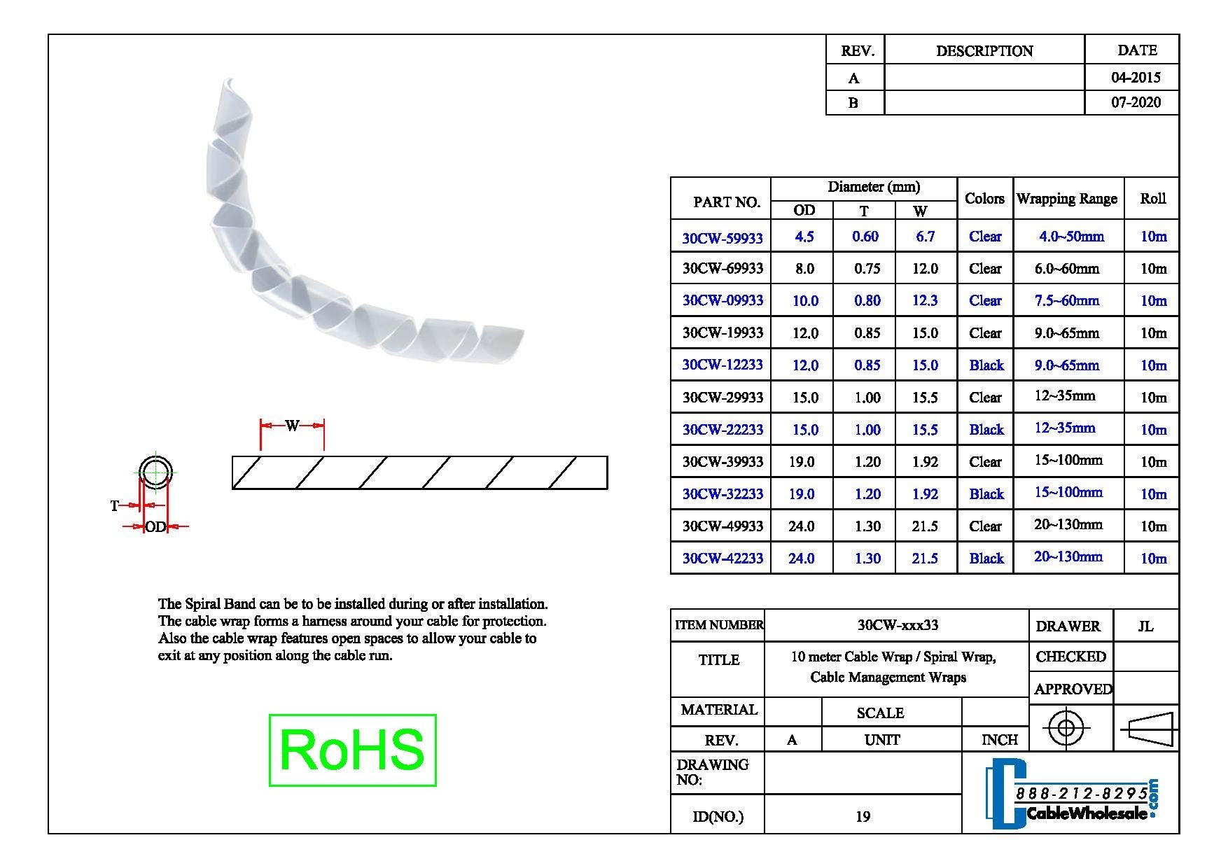 Spiral Cable Wrap, Black, Diameter: 15Mm   100Mm, Cable Management Wraps, 10 Meter Spiral Cord Wrap, Cable Management Spiral Tie