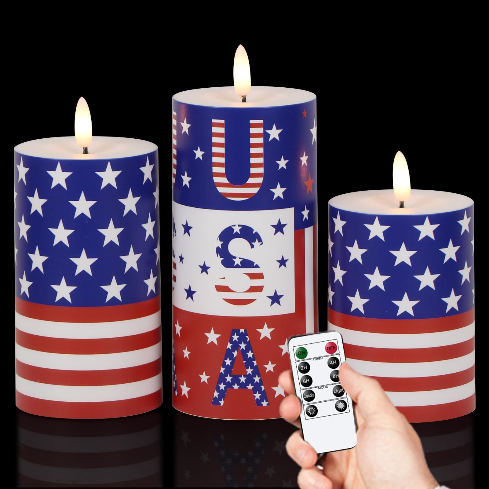 Wondise Patriotic Candles Outdoor Waterproof Flameless Candle with Remote & Timer, 4th of July Battery Operated 3D Wick LED Pill