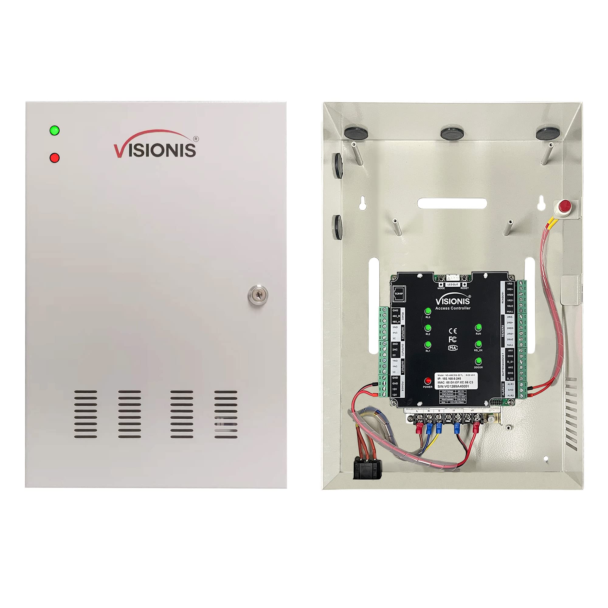 Visionis Vs Axess 2Etl Version 2 Two Door Network Access Control System Panel Controller Board And Power Supply Cabinet For 2 Doors Security With Tcp/Ip Wiegand And Desktop Software 20,000 Users