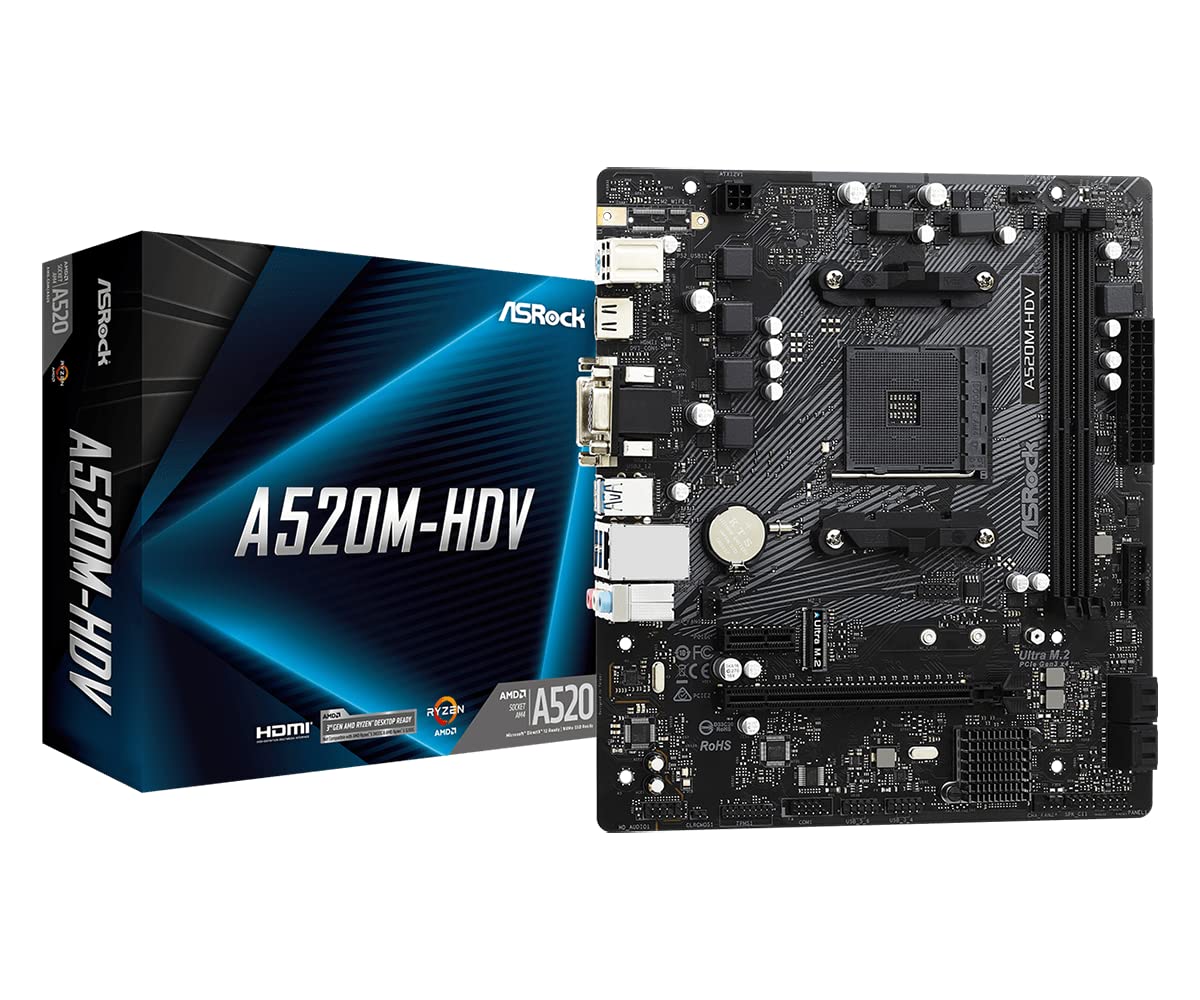 ASRock A520MHDV Supports AMD AM4 Socket Ryzen 3000, 4000 GSeries and 5000 and 5000 GSeries Desktop Processors Motherboard, 32