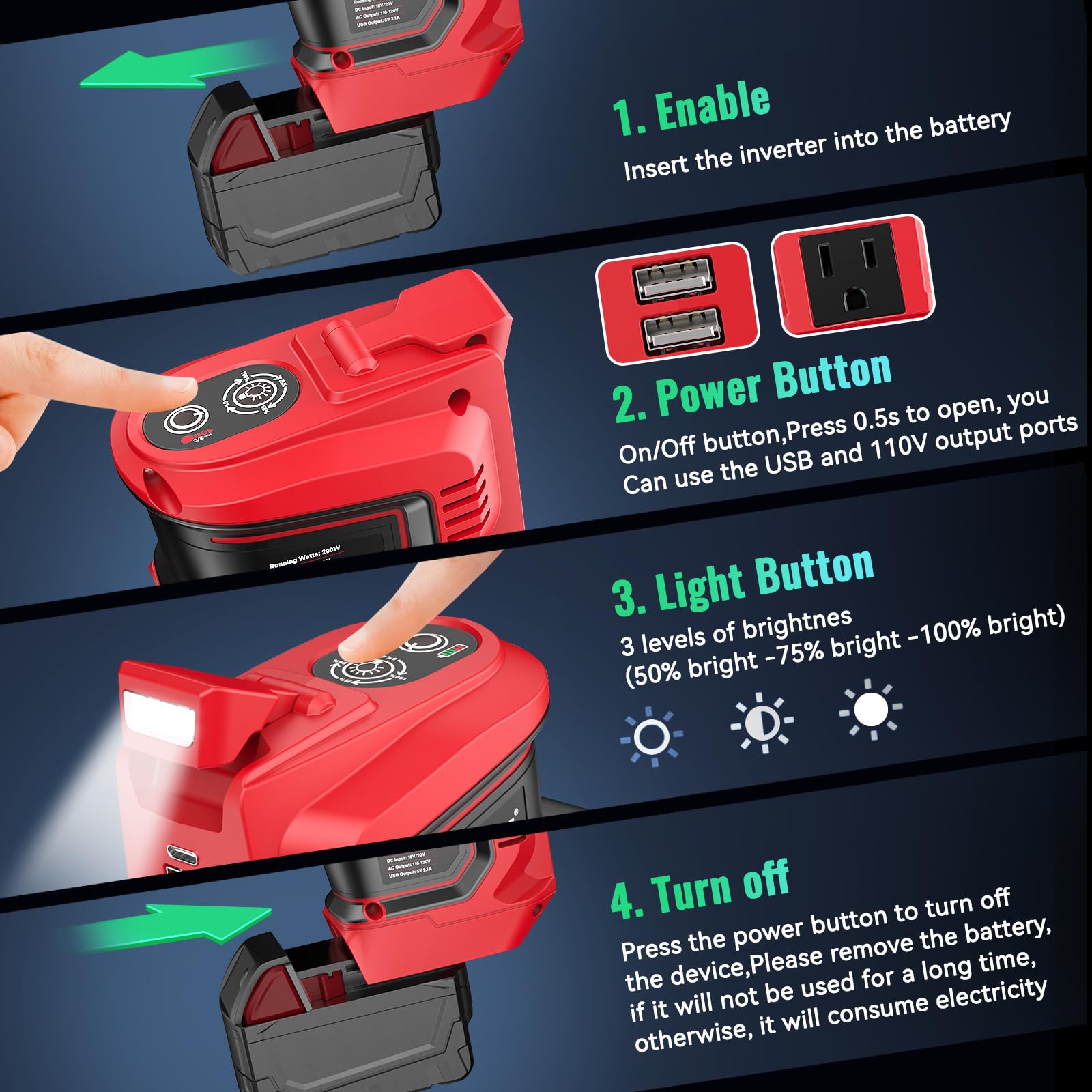 Power Inverter For Milwaukee M18 18V Battery, Ecarke 200W Portable Power Supply Inverter Convert Dc 18V To Ac 110V~120V Battery