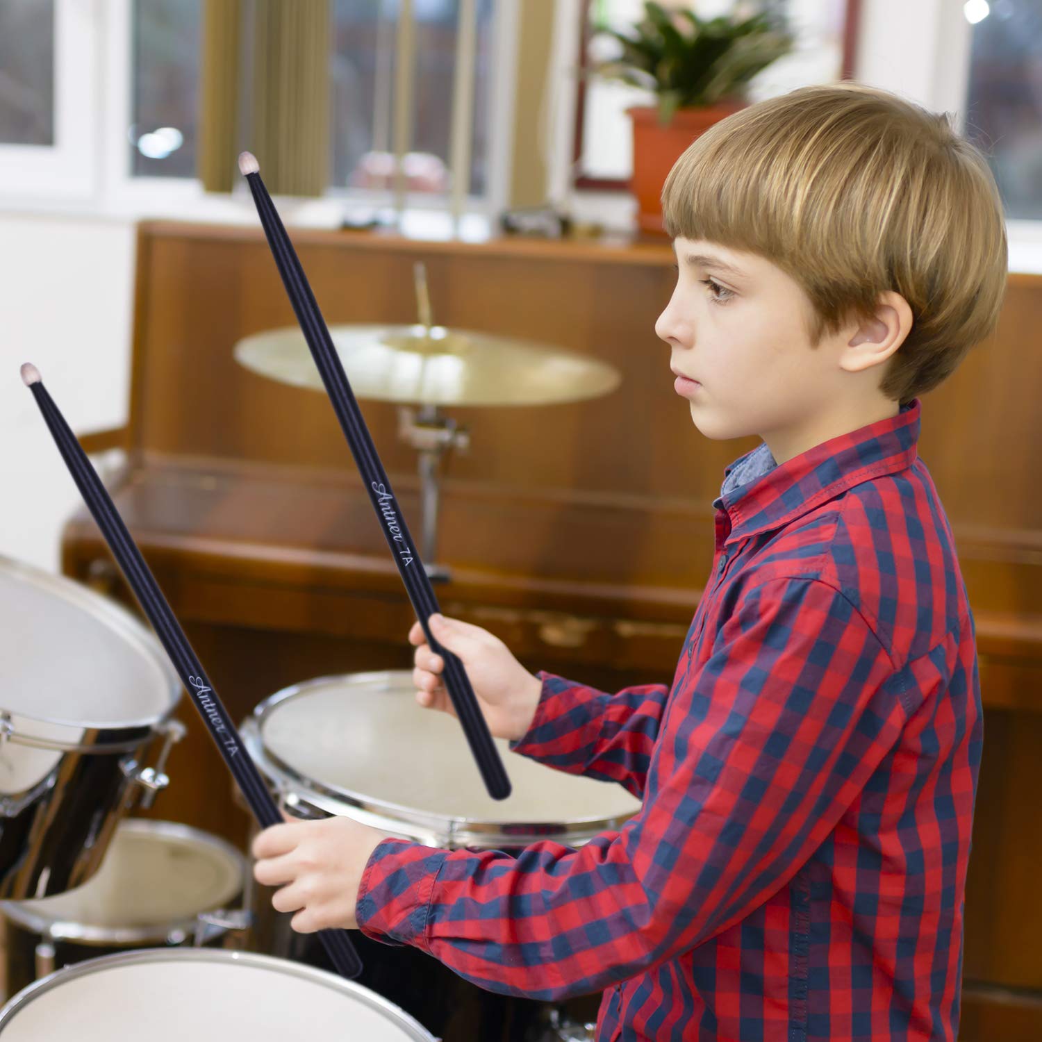 Antner 3 Pairs Drum Sticks 7A For Kids And Beginners Classic Maple Wood Drumsticks, Black