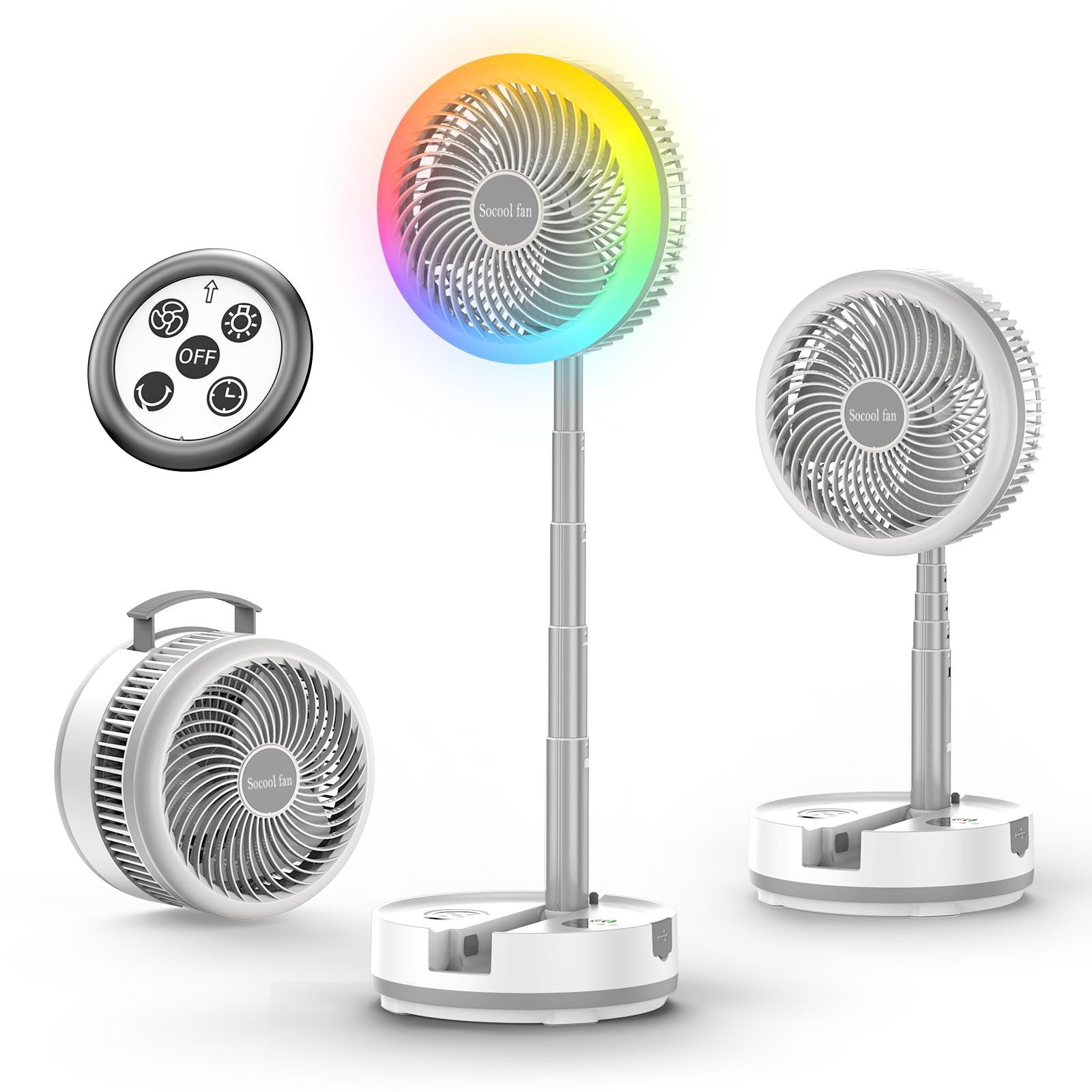 Socool 40000mAh Battery Operated Foldable Fan,Rechargeable Standing Fan, Remote Control & Colorful Light, Oscillating Telescopic
