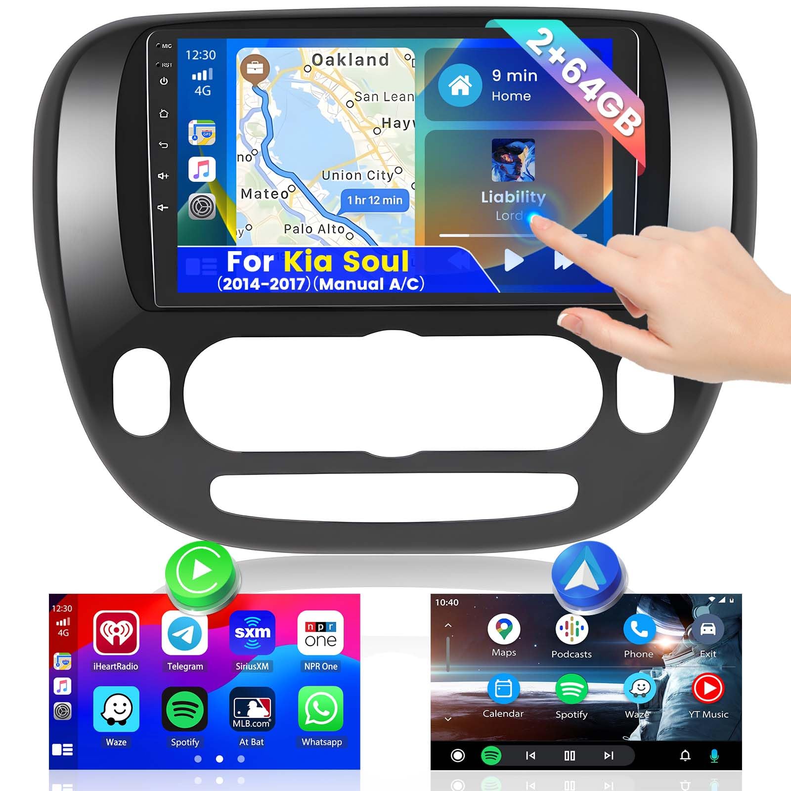 (Manual A/C) Roinvou 2+64G Android 13 Carplay Stereo For 2014 2017 Kia Soul, Wireless Carplay Radio With Android Auto, 9'' Touch