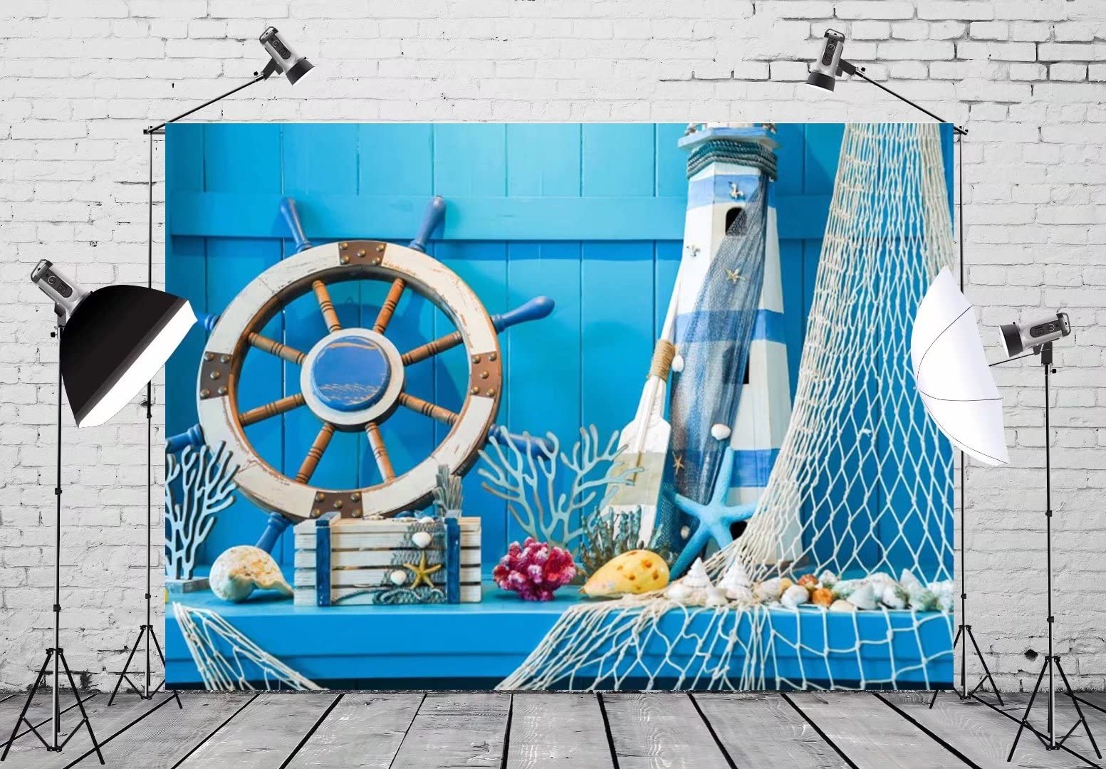 Beleco 7X5Ft Fabric Blue Wooden Nautical Backdrop Sailor Backdrop Sailing Ship Boat Rudder Fishing Net Lighthouse Background Sum