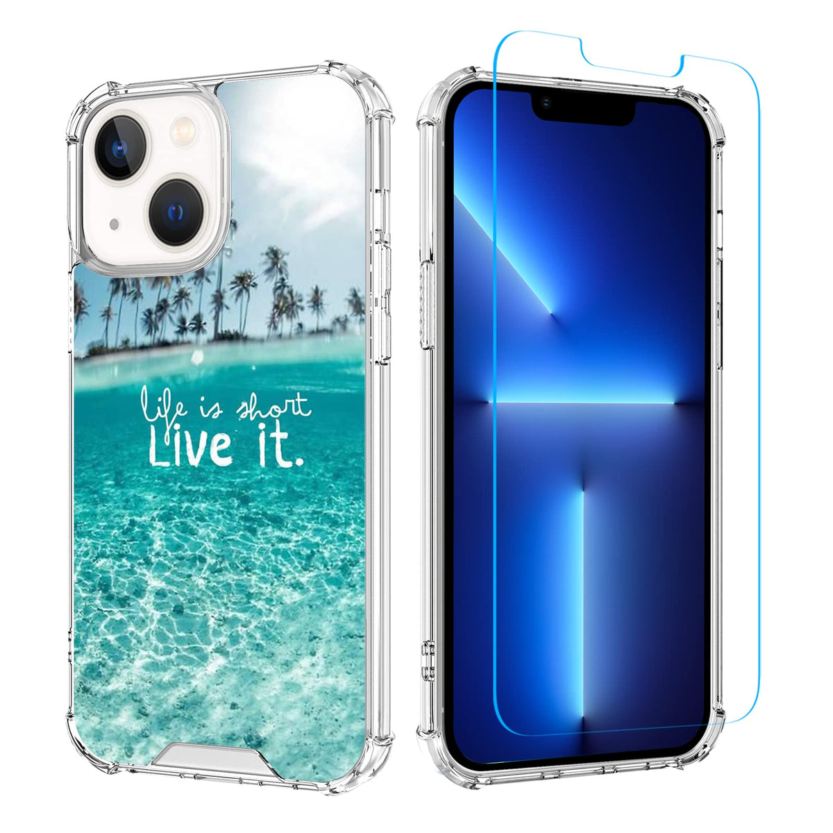 Ook Clear Case For Iphone 13 Case 6.1 Inch 2021, Beach Pattern Shockproof Clear Cover With Screen Protector For Men Women