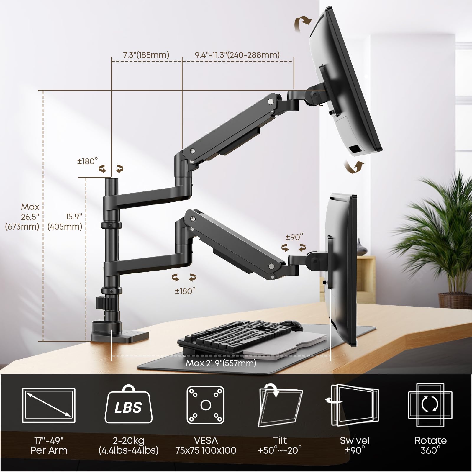 PUTORSEN 17 49 inch Premium Aluminum Heavy Duty Dual Monitor Arm for Ultrawide Screens up to 44lbs, Vertical Stacked Dual Monitor Desk Mount, Full Motion Dual Vertical Monitor Mount, VESA 75/100,Black