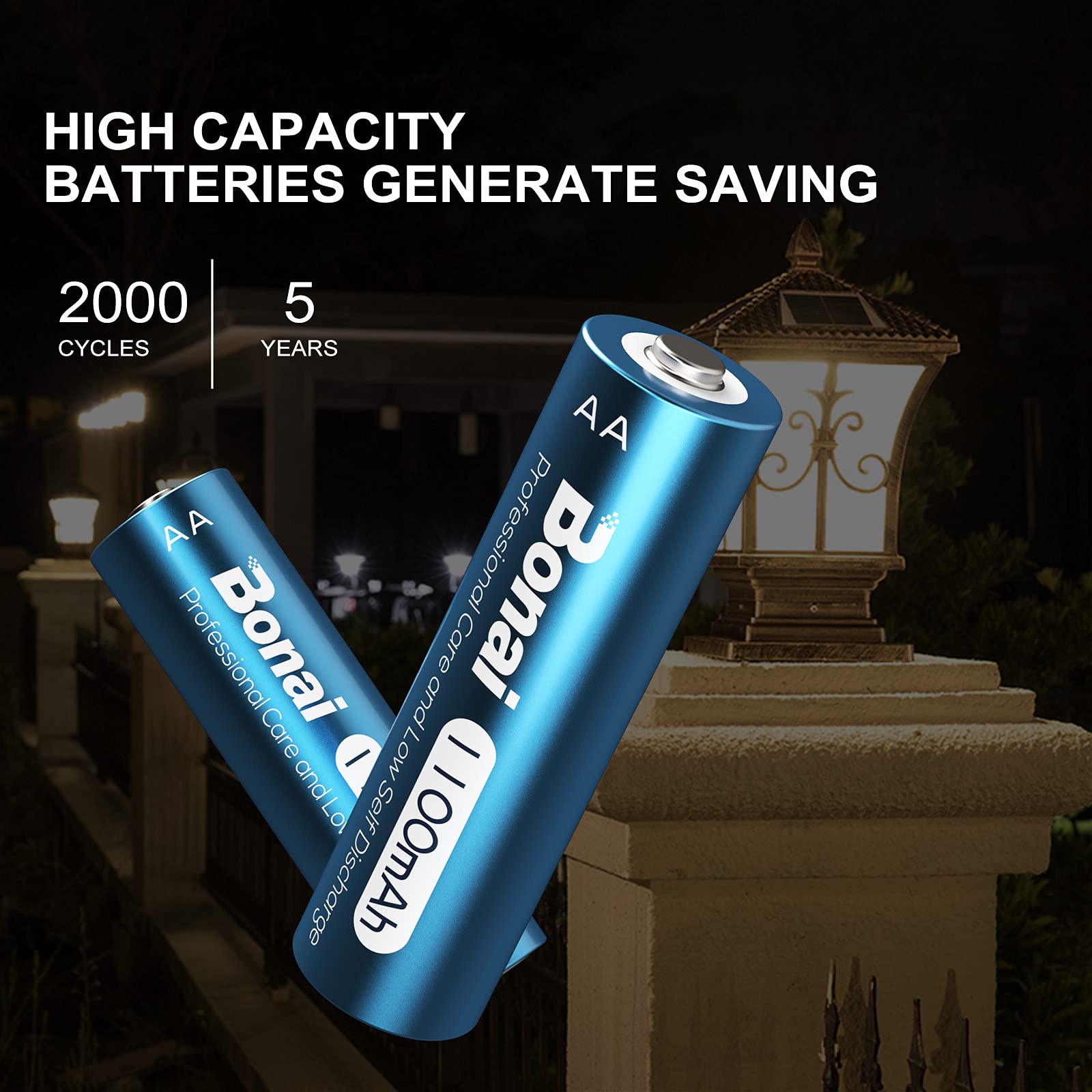 Bonai Solar Aa Rechargeable Batteries, High Capacity 1100Mah Nimh Battery For Outdoor Solar Lights 1.2V Pre Charged Double A Bat