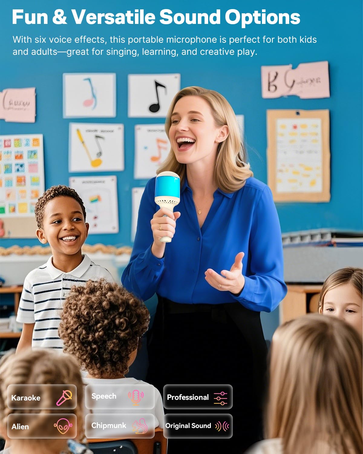 Wireless Bluetooth Karaoke Microphone With Dynamic Lights, Portable Handheld Mic, 6 Sound Effects, 10H Battery, Perfect For Kids