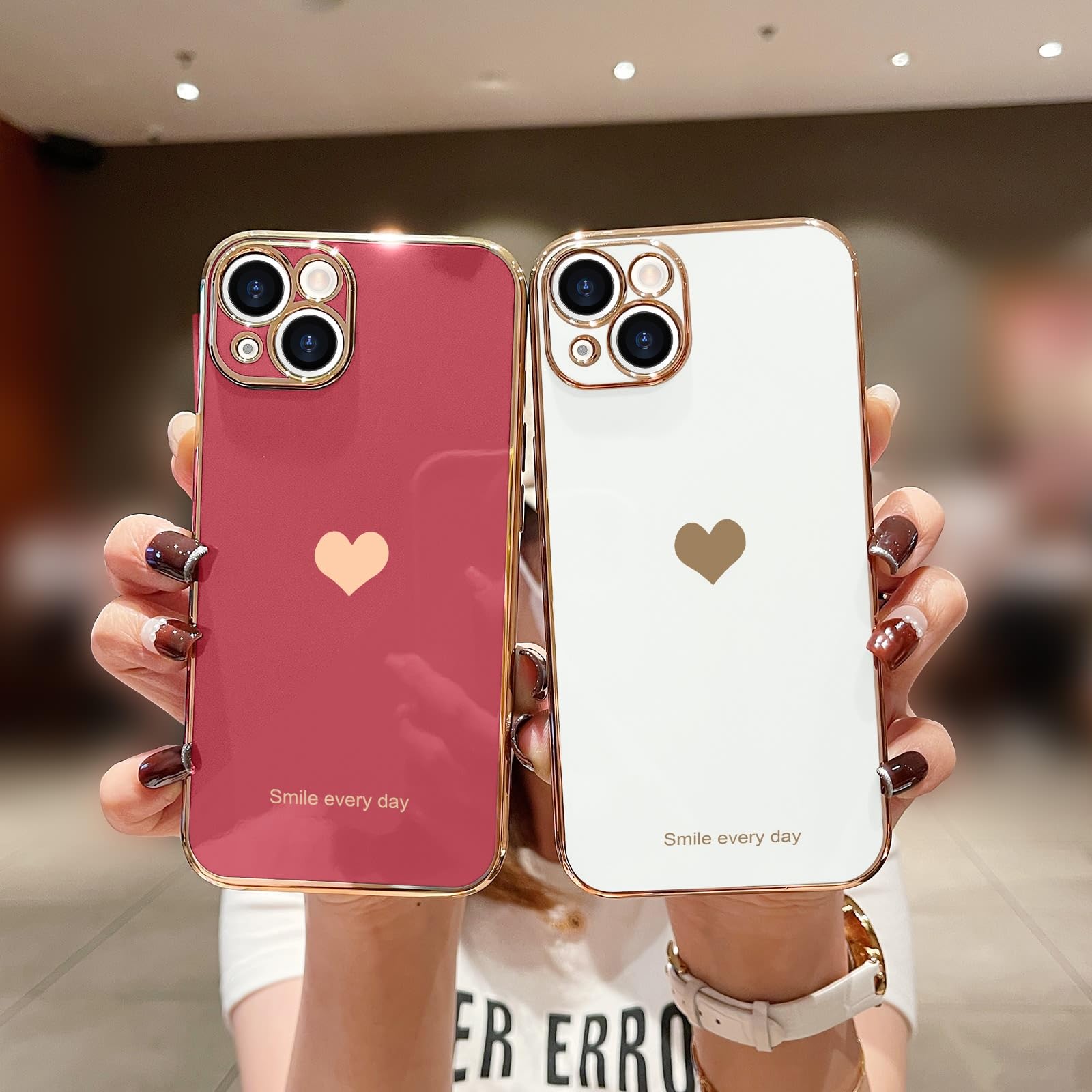 Teageo Compatible With Iphone 13 Case For Girl Women Cute Love Heart Luxury Bling Plating Soft Back Cover Raised Camera Protecti