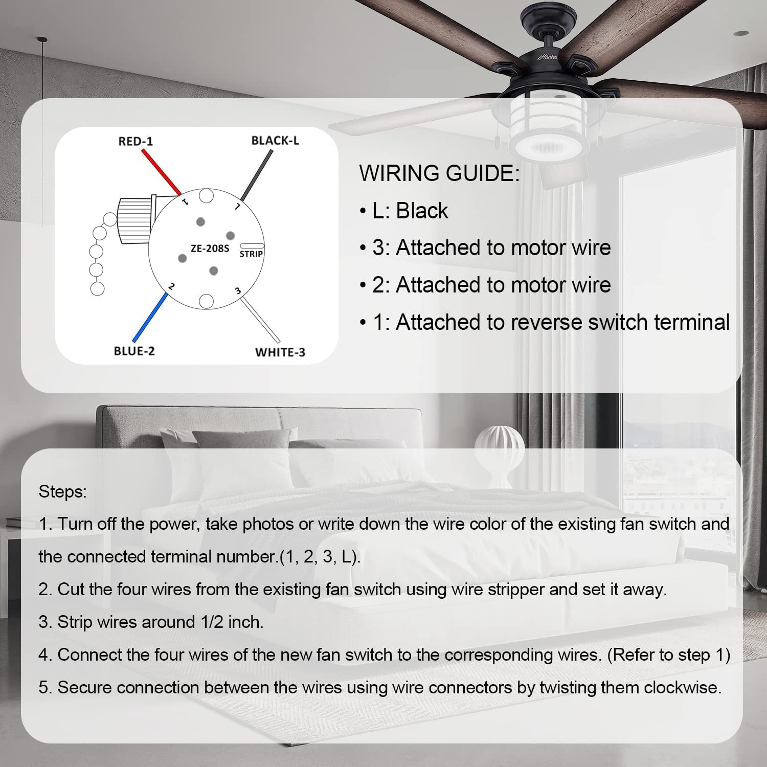 With 4 Pre Installed Wires Ceiling Fan Switch, 3 Speed Fan Switch Compatible With Hunter Fan Switch Replacement, Nickel
