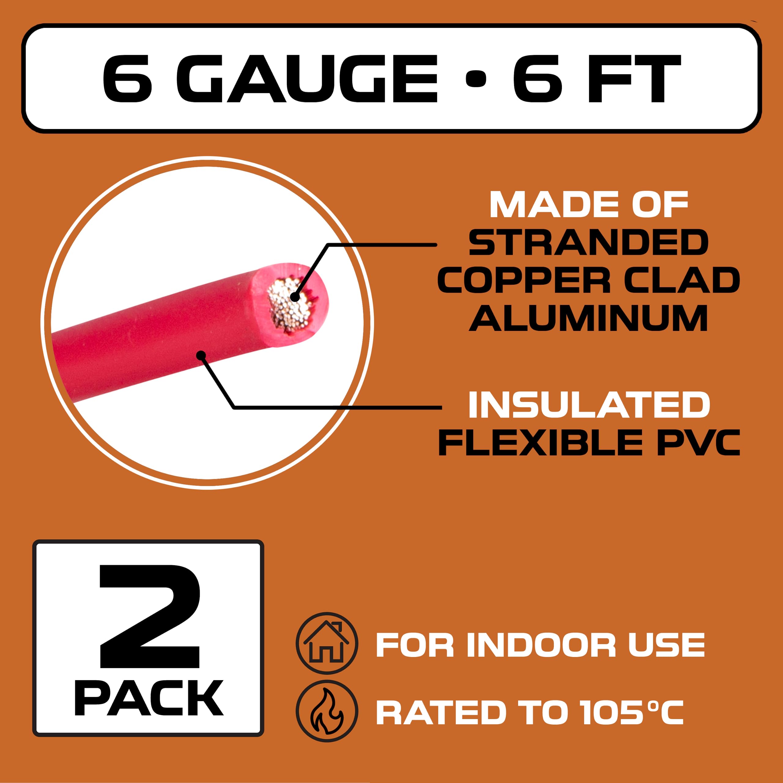 Iron Forge Cable 6 Gauge Wire 2 Pack Red & Black  6 Ft Copper Clad Aluminum Wire For Automotive Battery Cable, Subwoofer Wiring