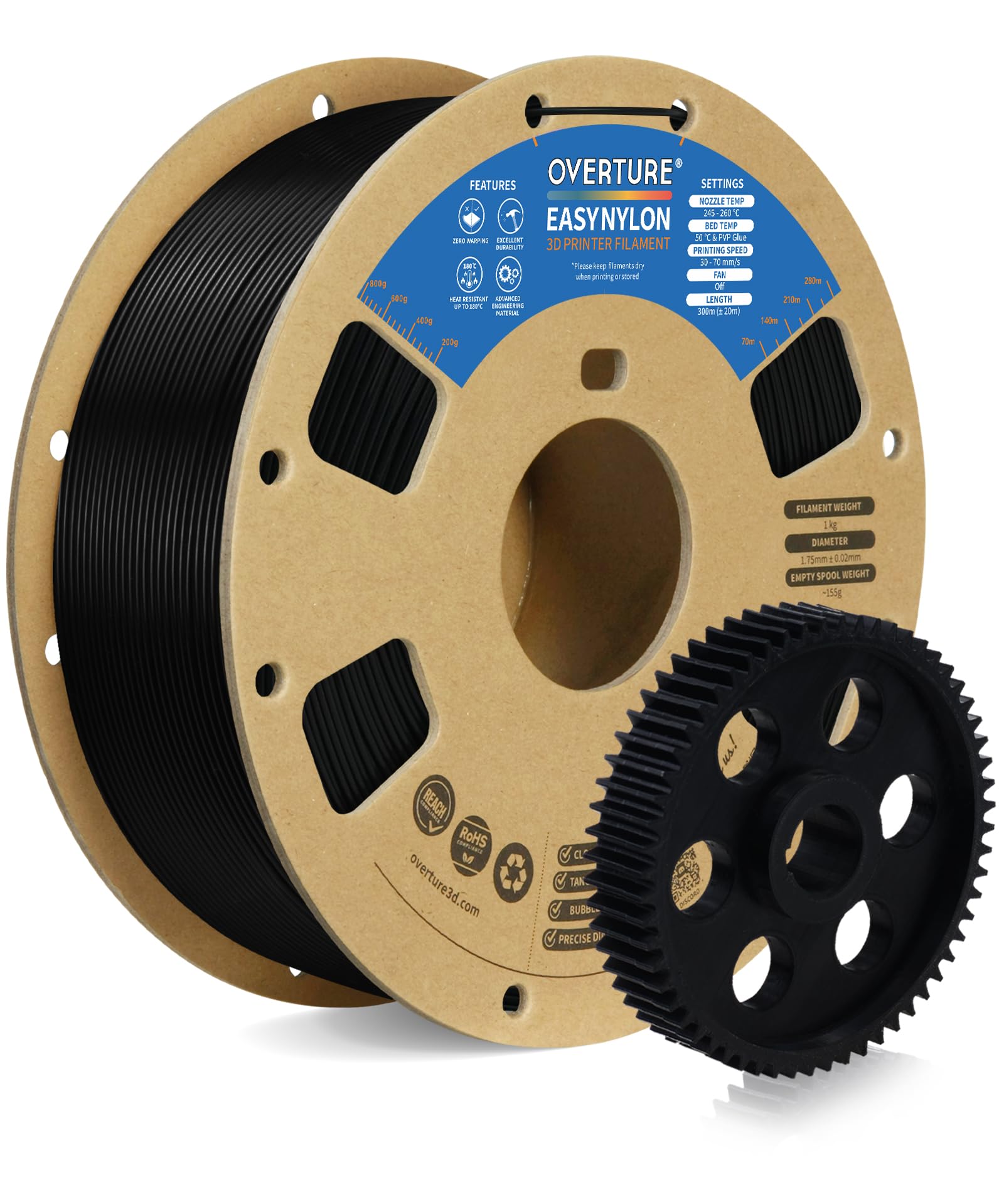 Overture Nylon Filament 1.75Mm 3D Printer Filament, Polyamide (Pa) 1Kg Spool (2.2Lbs), Dimensional Accuracy +/  0.03 Mm, Fit Mos